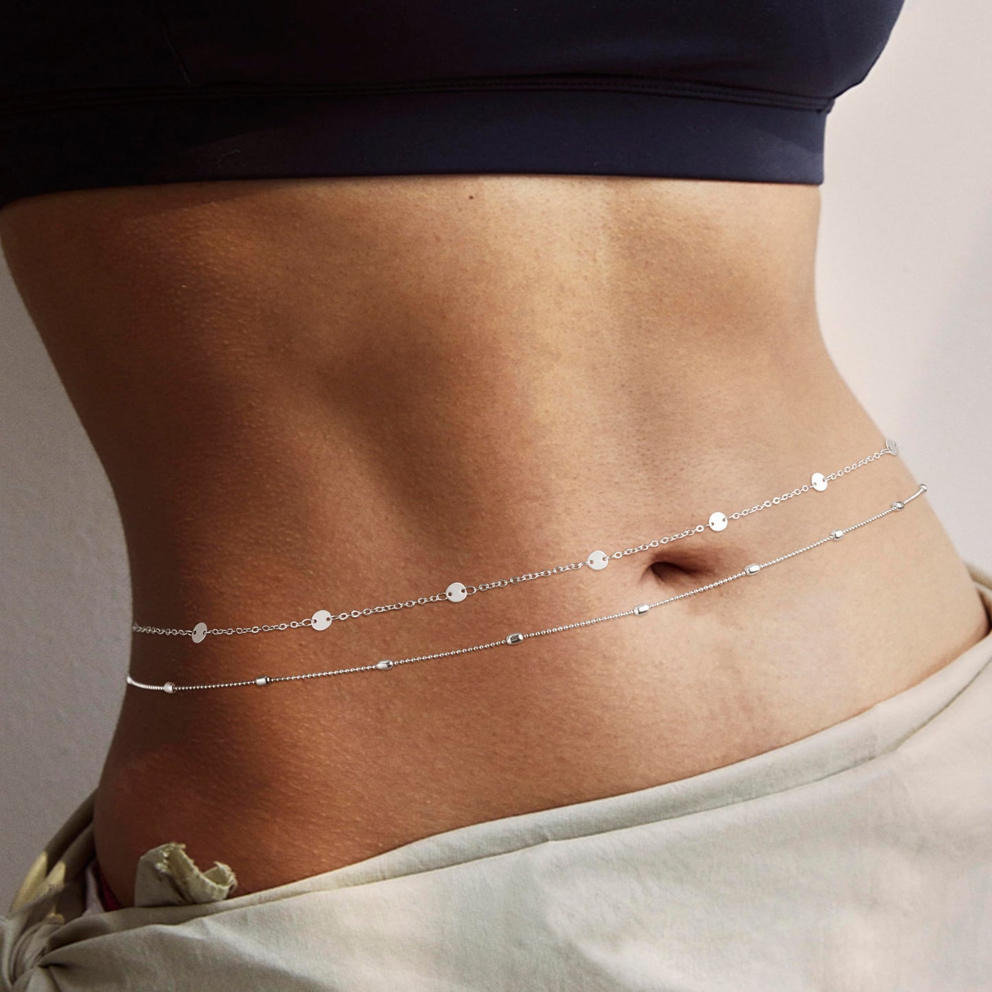 Kyerlyn Waist Chains for Women 14K Silver Plated 2Pcs Layered Coin Balls Belly Belt Body Adjustable Bikini Waterproof Body Jewelry Daily Chain Belts Jewelry Gifts