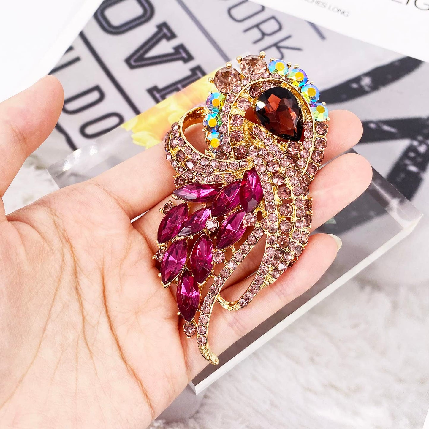 LAXPICOL Women's Vintage Purple Austrian Crystal Elegant Flower Bouquet Wing Brooch Gold Tone
