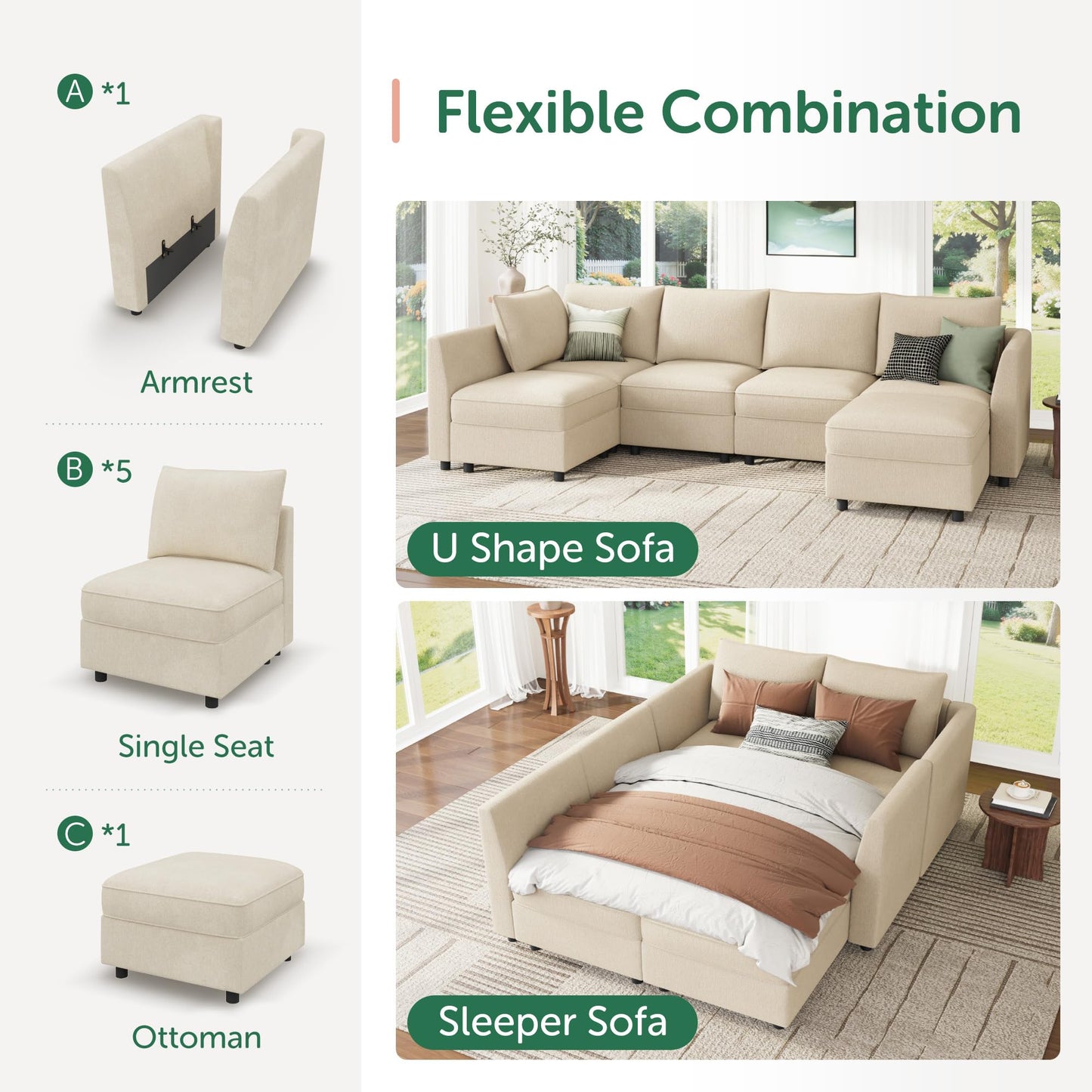 HONBAY Modular Sofa Sectional Sleeper Couch with Storage Modular Couch Convertible Couches for Living Room - Beige