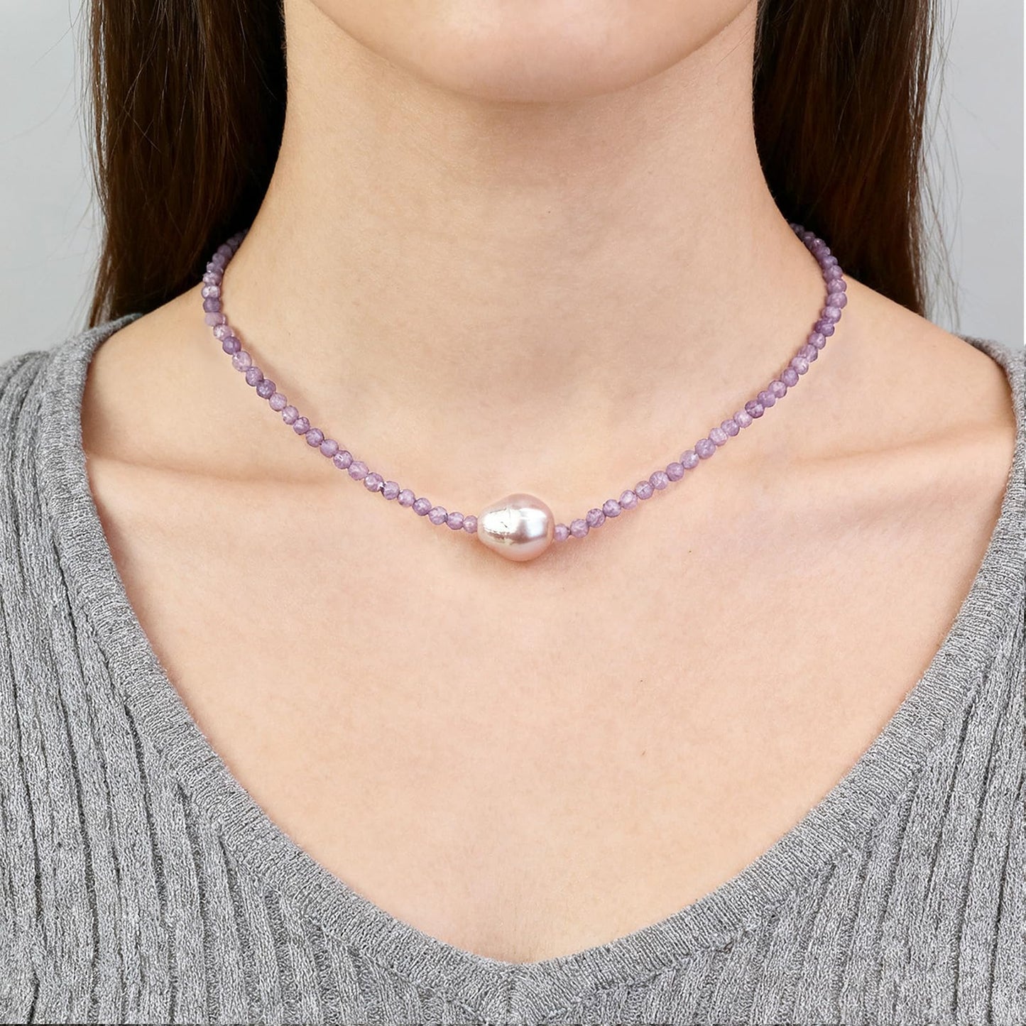 GEMTAL Single Pearl Pendant Necklaces for Women, Natural Gemstone Women Amethyst Beaded Choker Necklace, Dainty Freshwater Pearl Handmade Jewelry Gift Birthday Valentines Day Anniversary(Amethyst, 16")