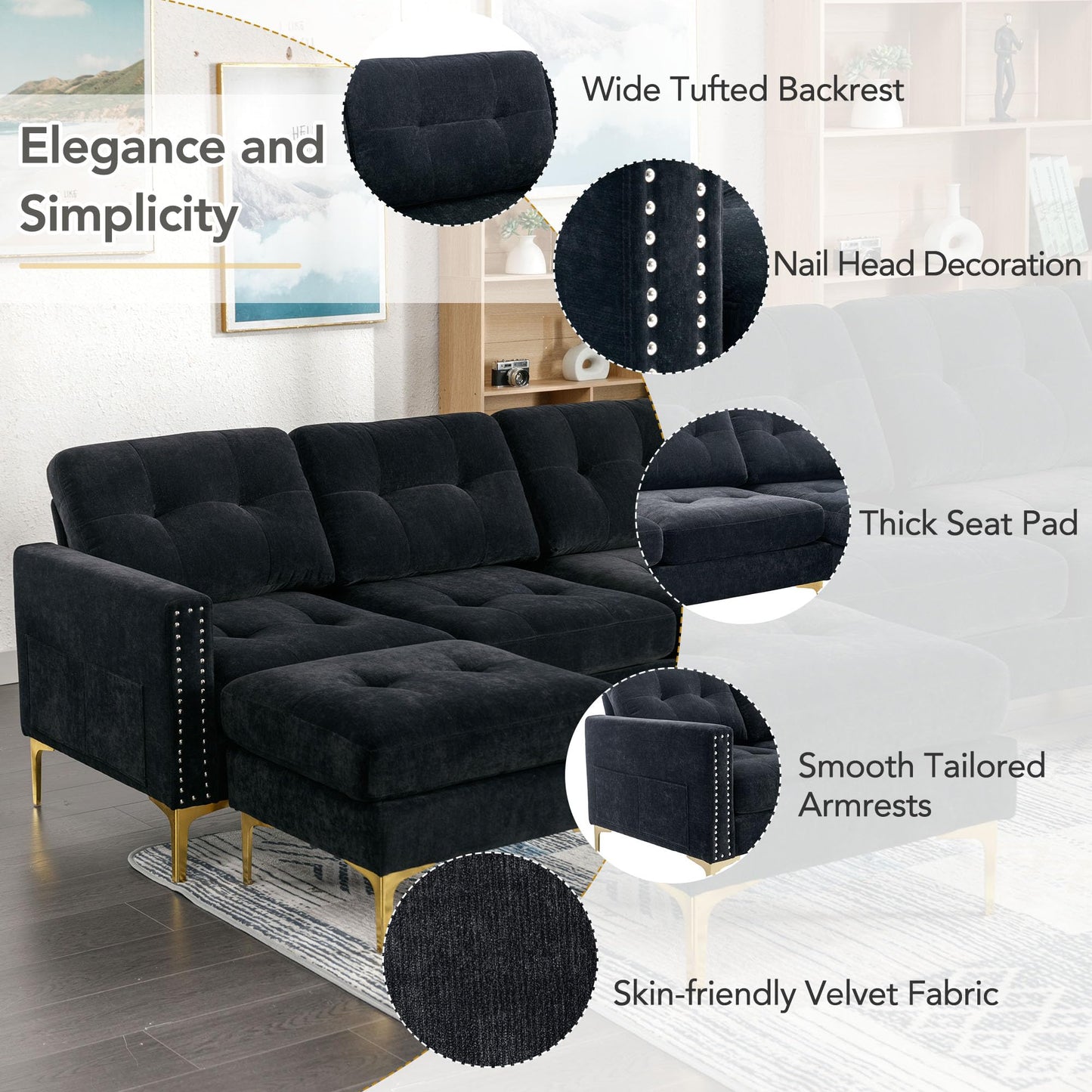 P PURLOVE Velvet Modern Large Sectional Sofa, U Shape Upholstered Couch with Chaise, Convertible Sofa Couch with Movable Ottoman for Living Room Apartment (Black)