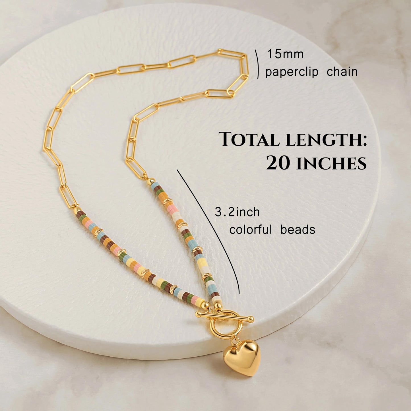 PEARLADA Dainty Gold Plated Heart Pendant Necklace, Colorful Beads Mix Paperclip Chain Necklace, Statement Trendy y2k Jewelry