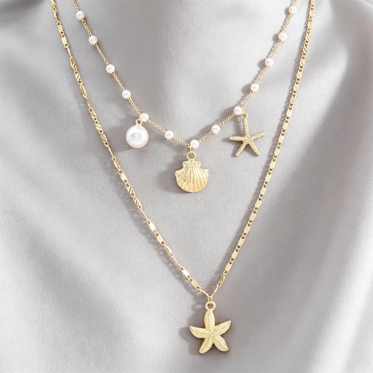 HLZMZQF Gold Starfish Shell Pendant Layered Necklaces Conch Charm Necklace for Women Boho Beach Trendy jewelry (gold starfish shell)