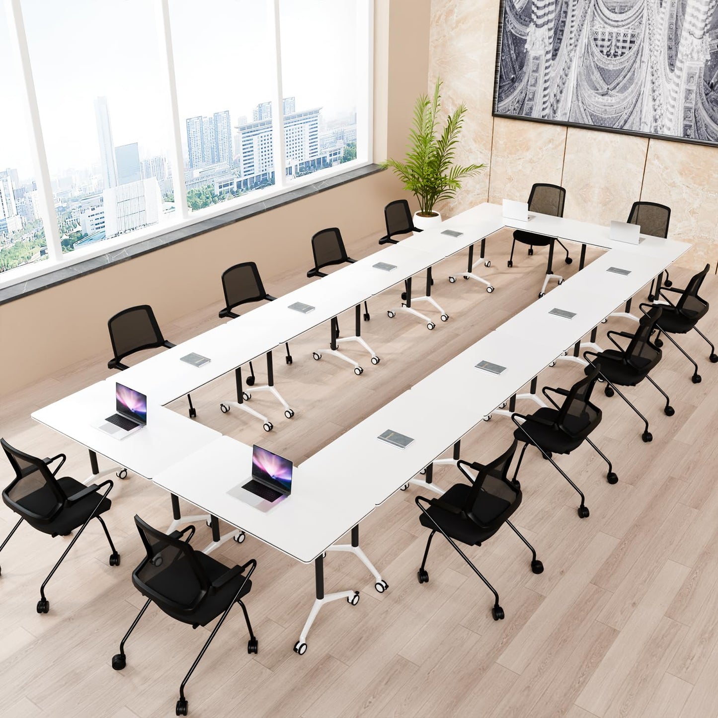 ZanyCajole Conference Room Table, Folding Conference Table with Silent Wheels, Modular Flip Top Mobile Training Tables for Office, Training Room, Meeting Rooms, School, 2-16 Person (8, White, 55.1in)