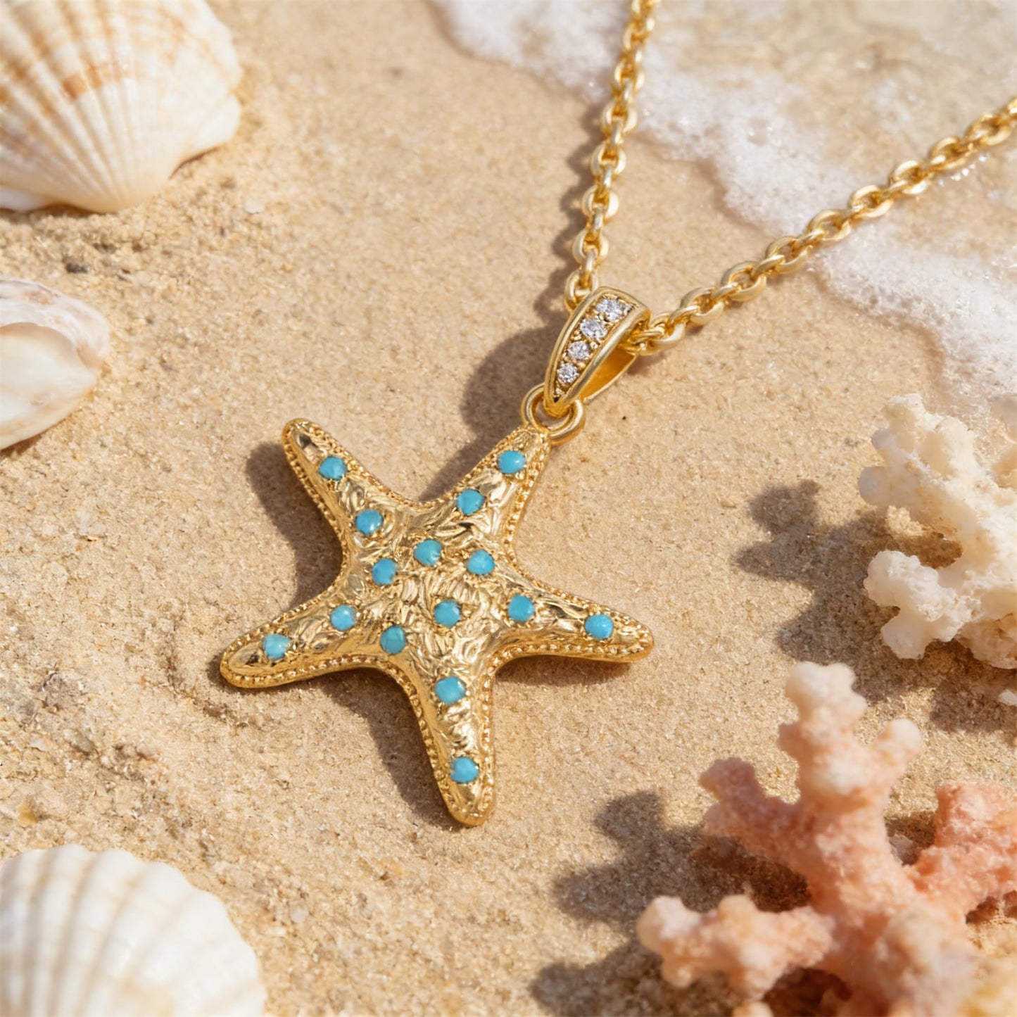 Dremmy Studios Dainty Necklace for Women 14K Gold Plated Tur Starfish Necklace Boho Summer Beach Coastal Pendnat Necklaces for Women Summer Jewelry Gift