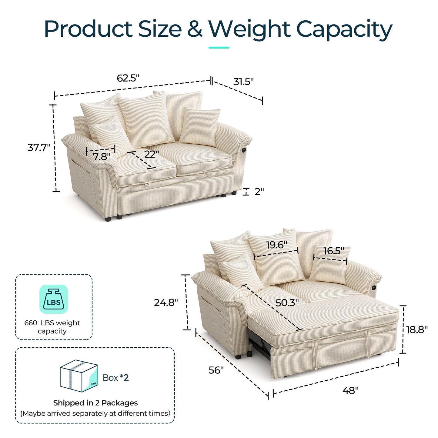 LINSY HOME Sectional Loveseat Sofa with Pull Out Chaise (Beige, 62.5'')