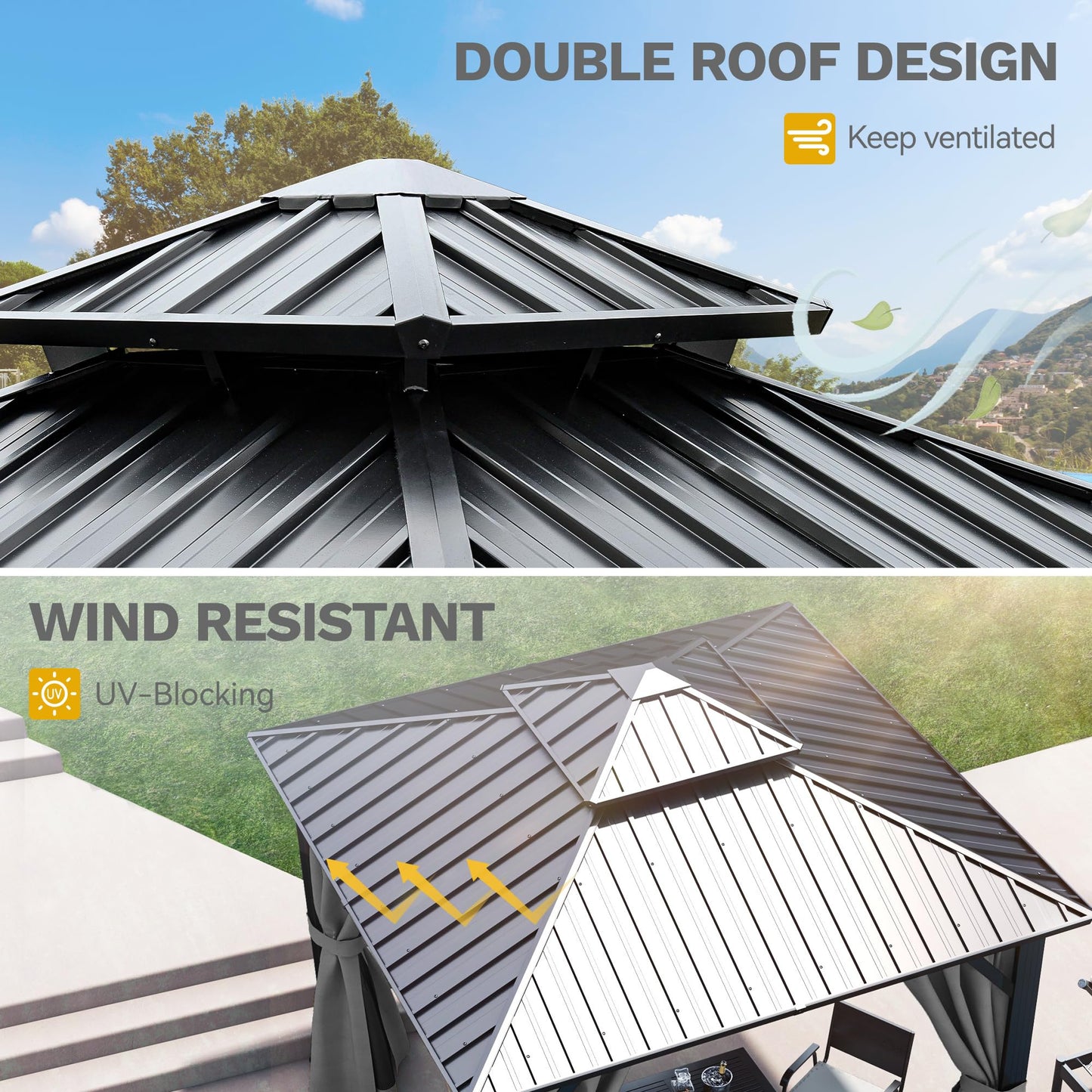 DWVO 10x10ft Hardtop Gazebo Double Roof with Nettings and Curtains, Heavy Duty Galvanized Steel Outdoor Vertical Stripes Roof for Patio, Backyard, Deck, Lawns, Grey