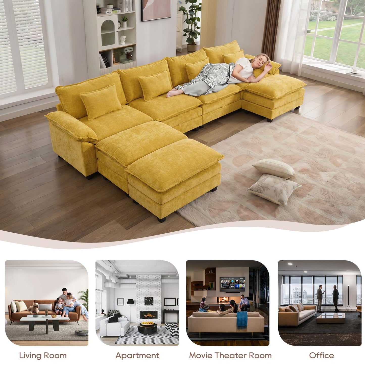 IPKIG 154" Modular Sectional Sofa, Chenille C-Shaped Sectional Couch Comfy Upholstered Seat Sofa with Ottoman, Deep Seat Cloud Couch Sofa for Living Room, Yellow