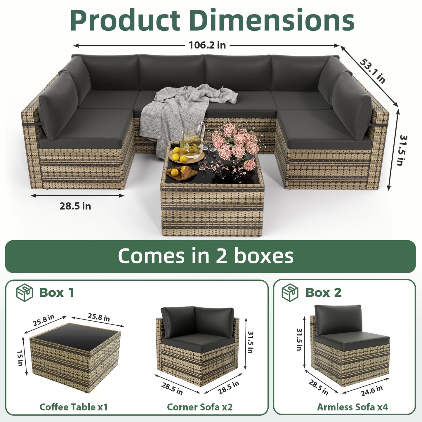 PATIOPIA 7-Piece Outdoor Sectional Sofa Set, Weather-Resistant Patio Furniture Set with Washable Cushions and Coffee Table, Black Rattan Patio Conversation Set for Poolside, Backyard, Deck (Beige)