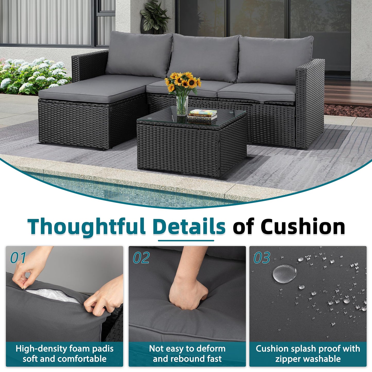 SUNLEI Patio Furniture Set with Detachable Soft Cushions, All Weather Outdoor PE Rattan Patio Conversation Sofa Set, Black Rattan/Grey