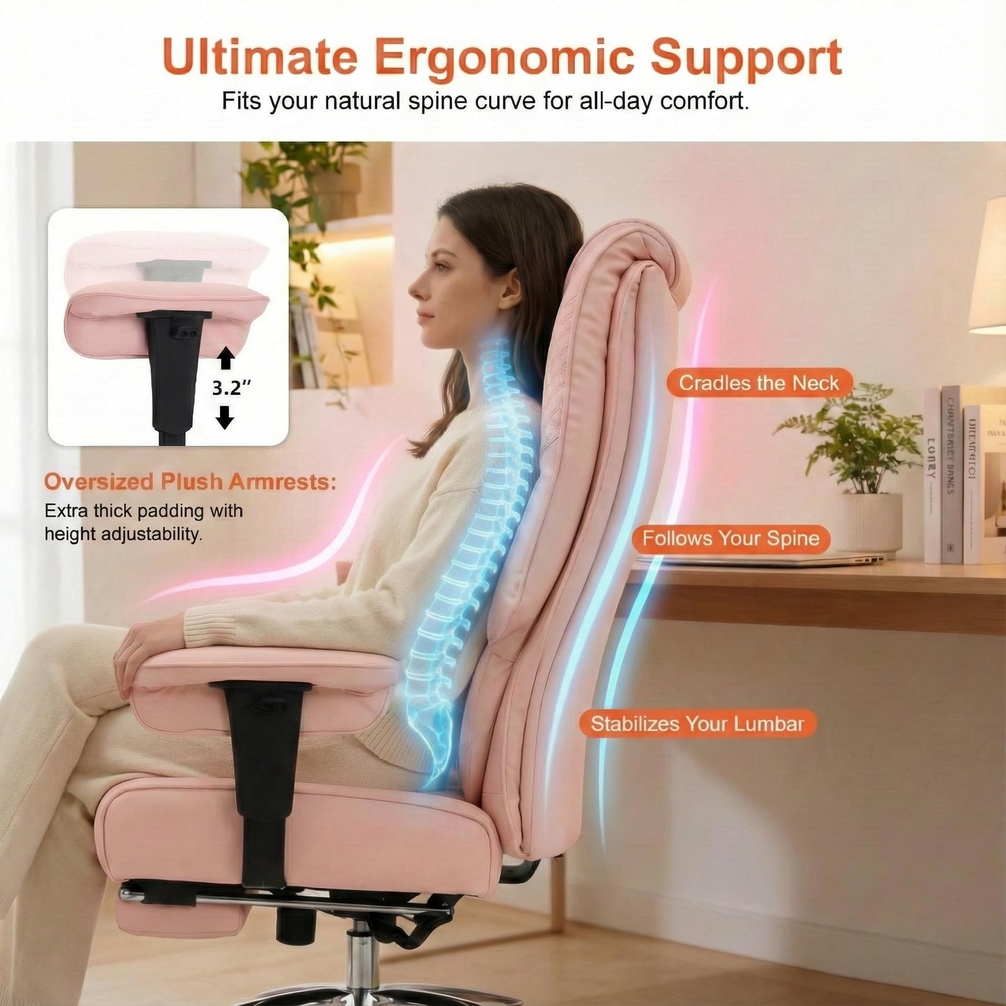 EXCEBET Big and Tall Office Chair 400lbs Wide Seat, Leather High Back Executive Office Chair with Foot Rest, Ergonomic Chairs Lumbar Support for Lower Back Pain Relief (Light Pink)