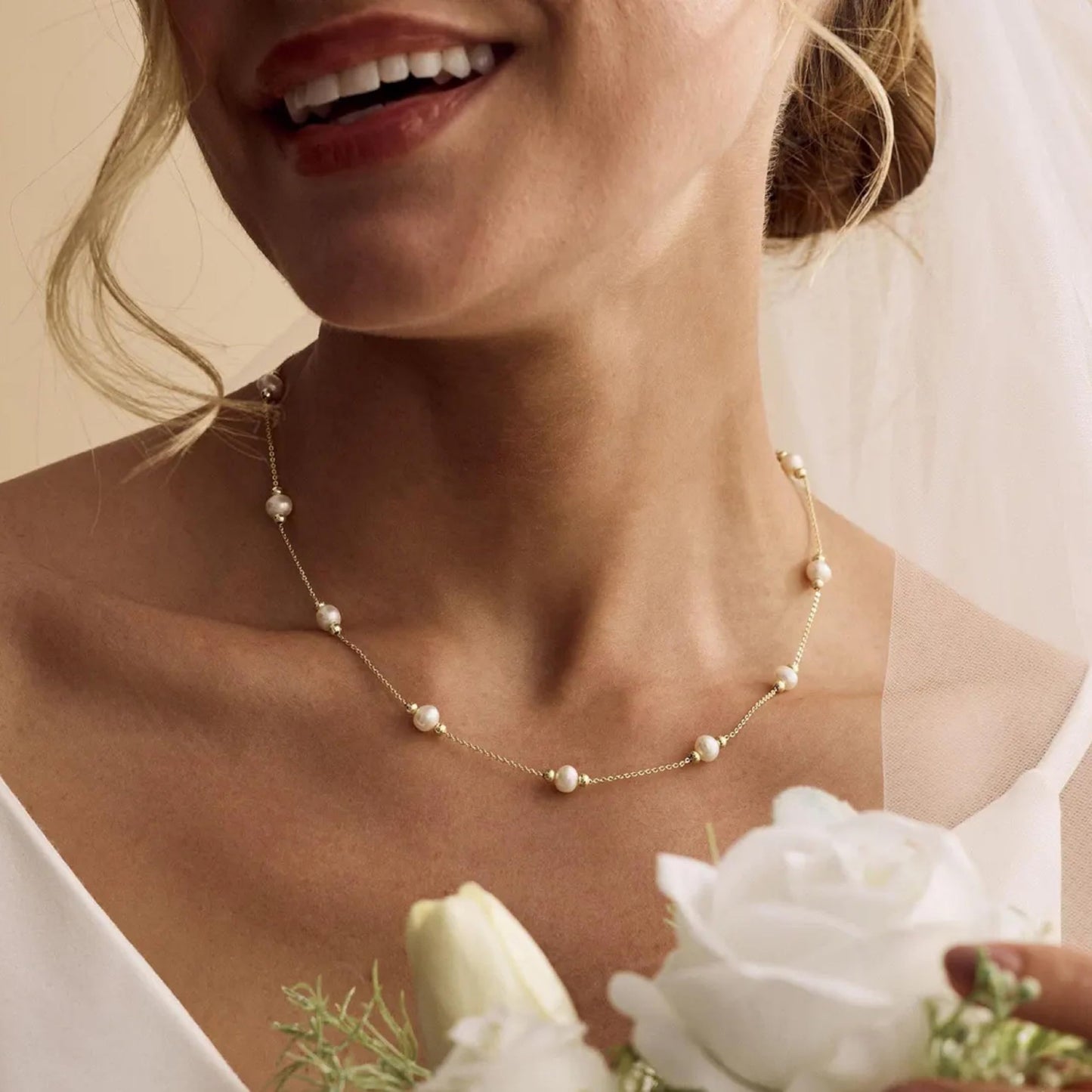 Caenyo Minimalist Beaded Pearl Necklace, Dainty Gold Choker for Women, Classic & Modern Jewelry for Wedding, Beach, Summer, Adjustable 14.5+2"