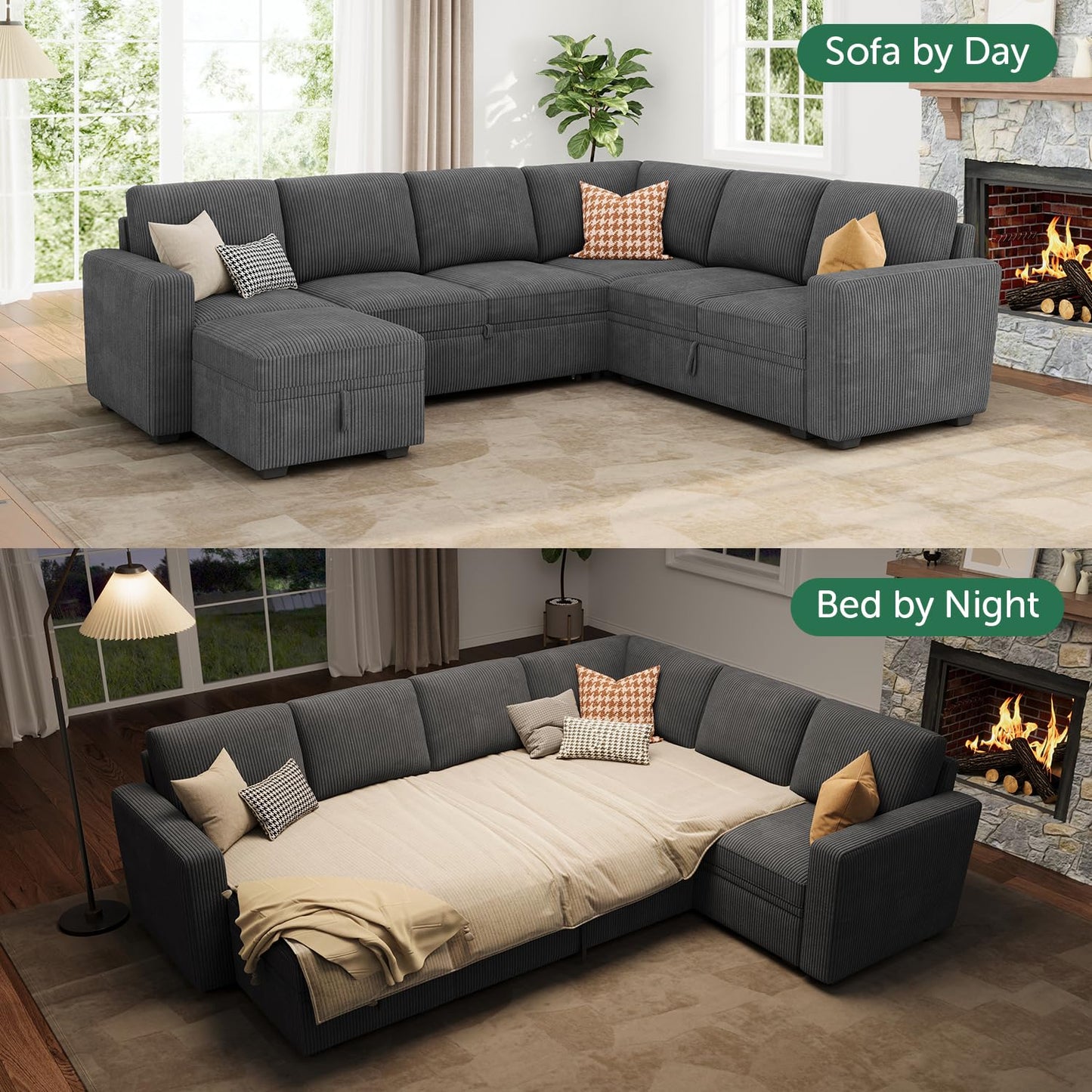 HONBAY Modular Sectional Couch with Pull Out Bed, Corduroy Sleeper Sofa with Storage Ottoman, U Shaped Sectional Couches for Living Room, Dark Grey