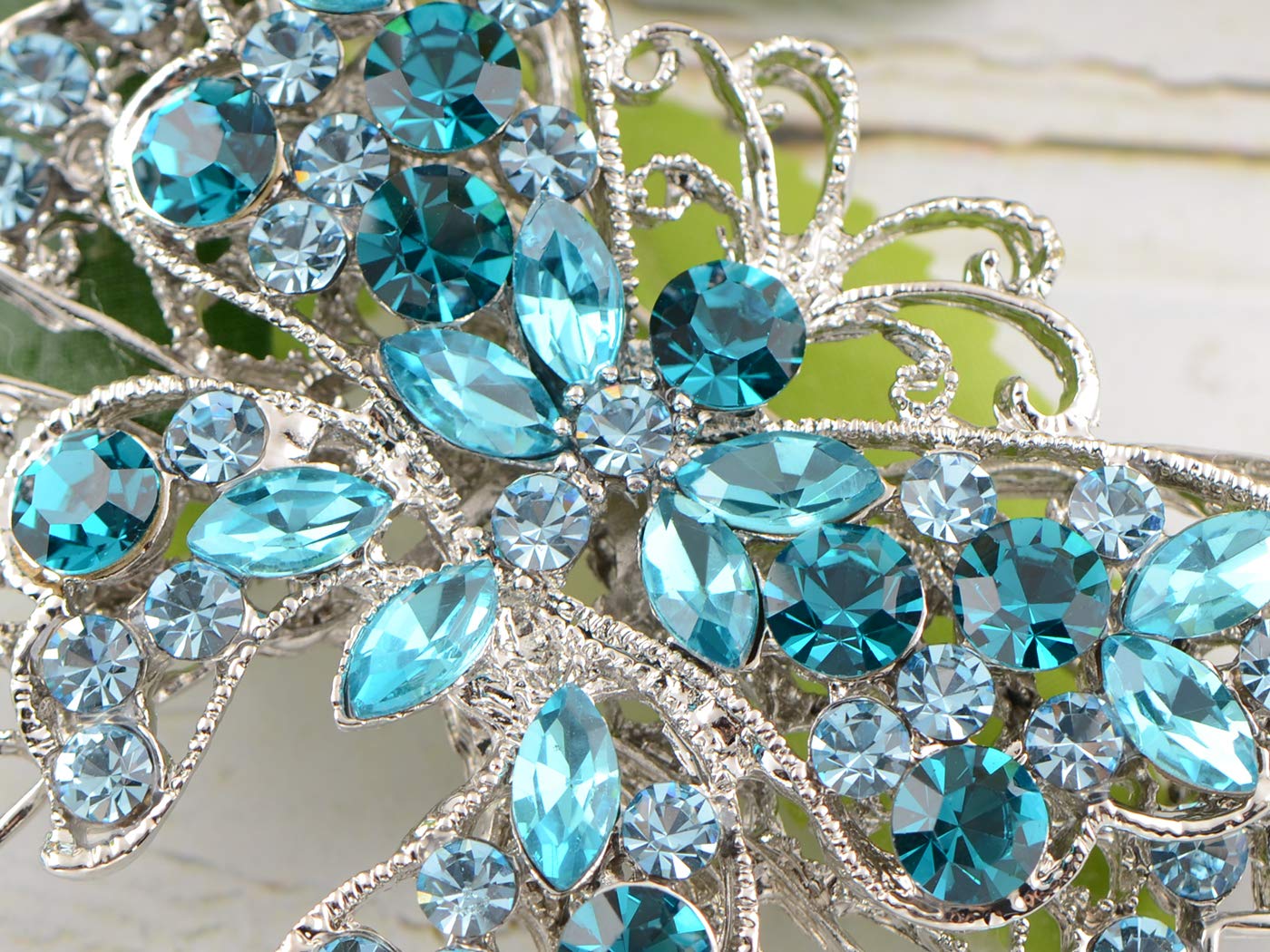 ALILANG Silvery Tone Crystal Rhinestone Hollow Out Butterfly Brooch Pin, Blue