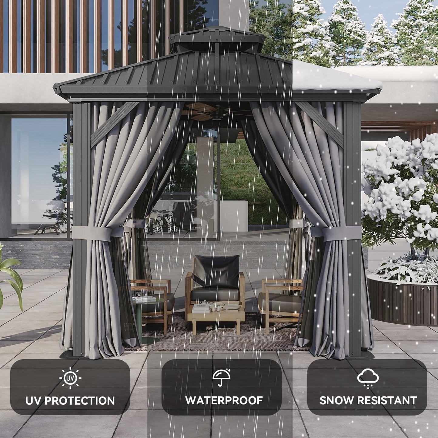 Aoxun 8x8 Hardtop Gazebo, Aluminum Frame Outdoor Gazebo with Double Galvanized Steel Roof, Patio Pavilion with Netting and Curtains, Backyard Gazebo for Patio Deck Garden