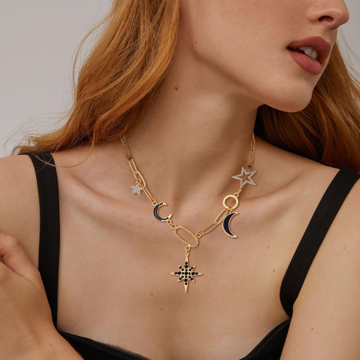 BONJOULRY Charm Necklace for Women Gold Moon and Star Charms Pendant Necklace Vintage Boho Gothic Paperclip Chain Chunky Choker Y Necklace Jewelry Gifts Celestial Black