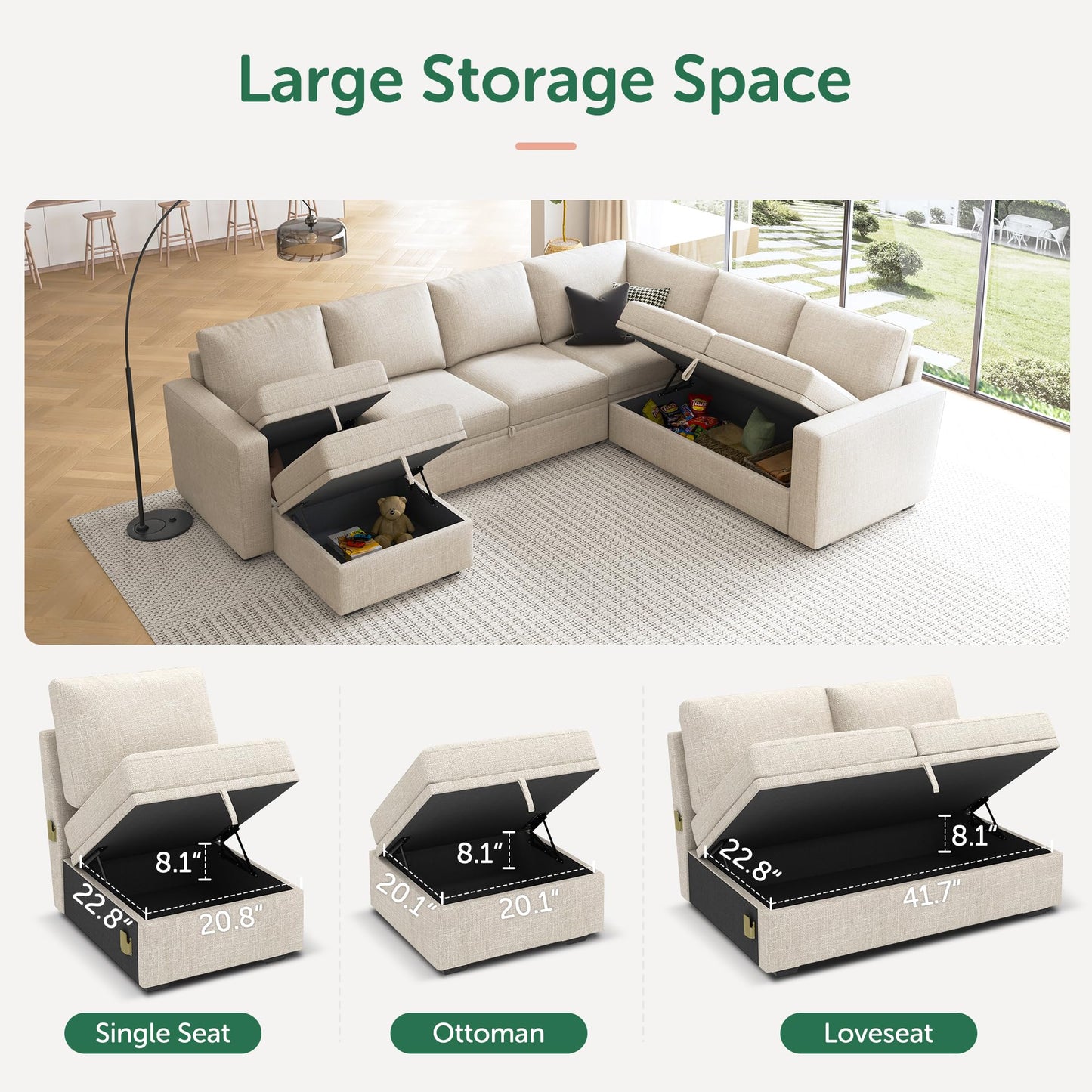HONBAY Modular Sectional Sleeper Sofa with Pull Out Bed, U Shaped Sectional Couch with Storage Ottoman, Sleeper Sectional Couches for Living Room, Beige