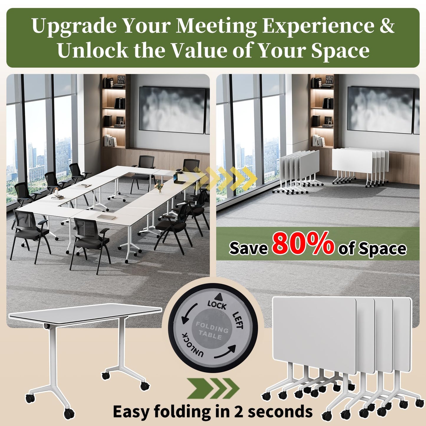 Modular Folding Conference Table with Wheels,6 Pack Mobile Conference Room Tables,Filp Top Rolling Meeting Training Tables for Office,Classroom,Library,Seminar,Boardroom,school(6pack,White,47in)