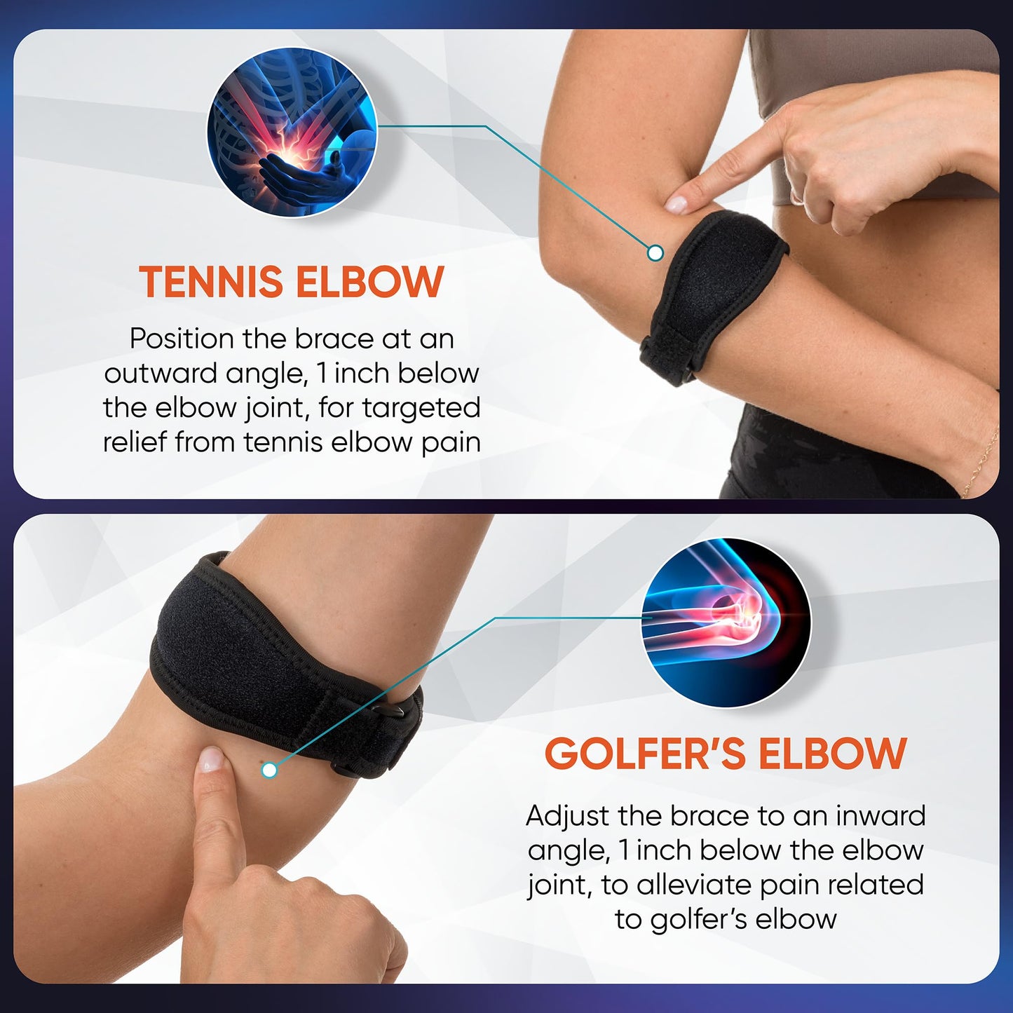 PhysFlex 2-Pack Elbow Brace for Men & Women, Adjustable Tennis & Golfer's Elbow Support Strap for Tendonitis Pain Relief - Compression Pad for Arm, Forearm, Tendon Pain Relief (Blue)