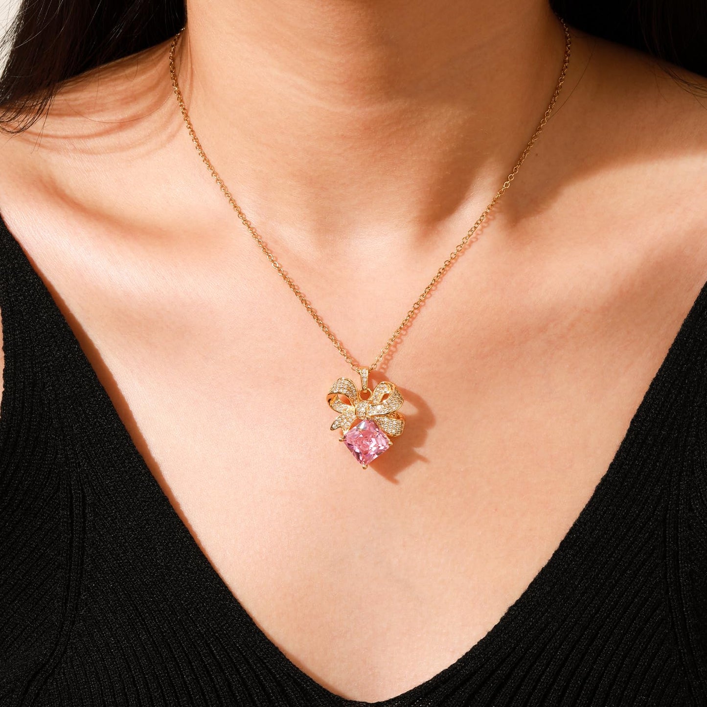 Pink Square Rose Quartz Bow Necklace for Women-Gold Plated October Birthstone Healing Crystal Vintage Necklace For Valentines Day Mother's Day Christmas Birthday Gifts