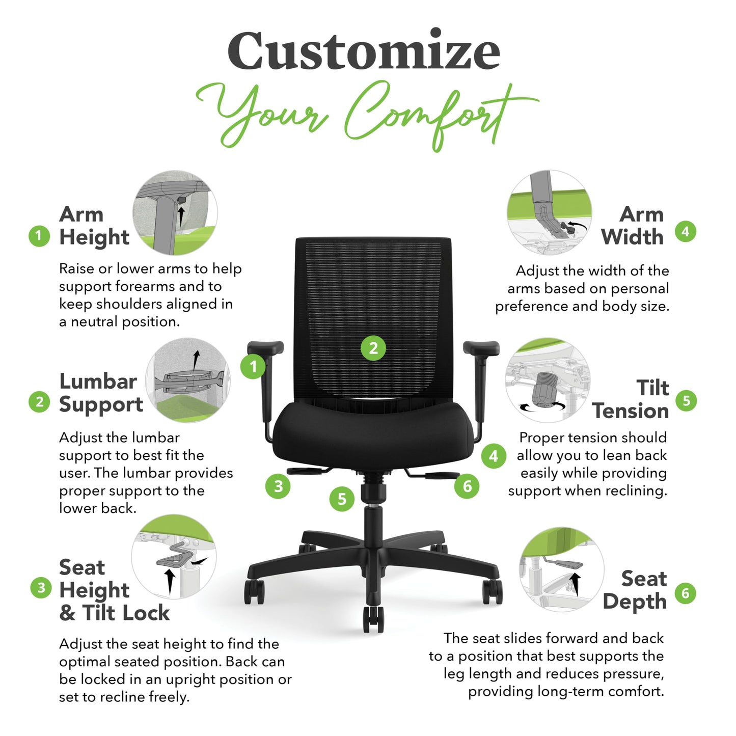 HON Convergence Ergonomic Office Chair with Mesh Back, Vinyl Seat Cushion, Adjustable Arms, Lumbar Support, Synchro‑Tilt Swivel Desk Chair with Wheels for Home Office, Black Frame, Black