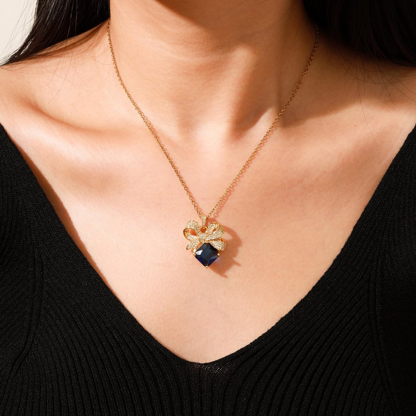 crataly Blue Sapphire Square Bow Necklace for Women-Gold Plated September Birthstone Vintage Necklace For Valentines Day Mother's Day Christmas Birthday Gifts
