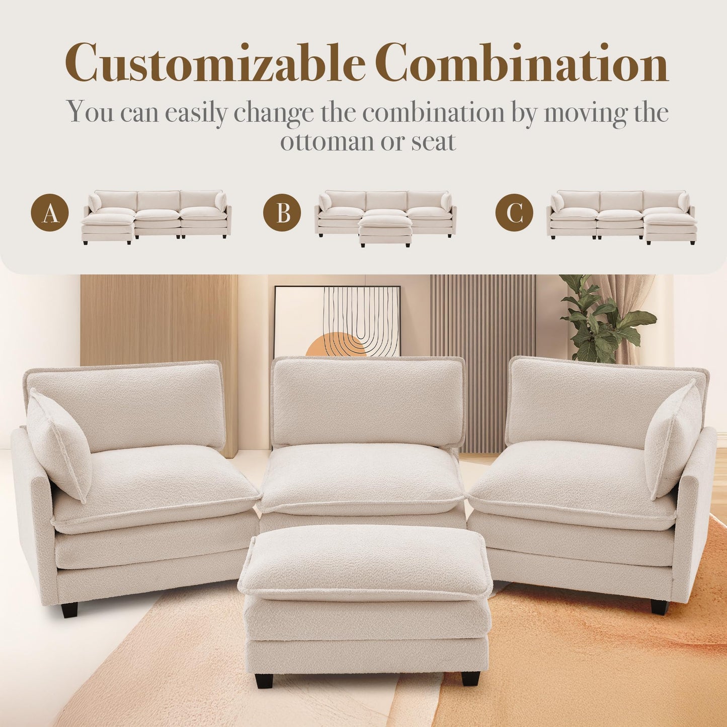 ROWHY 112'' Modular Sectional Cloud Couch with Movable Ottoman, 4 Seat Modern Chenille Sofa with 2 Throw Pillows, Deep Seat L Shaped Couch for Living Room Bedroom Apartment, Beige