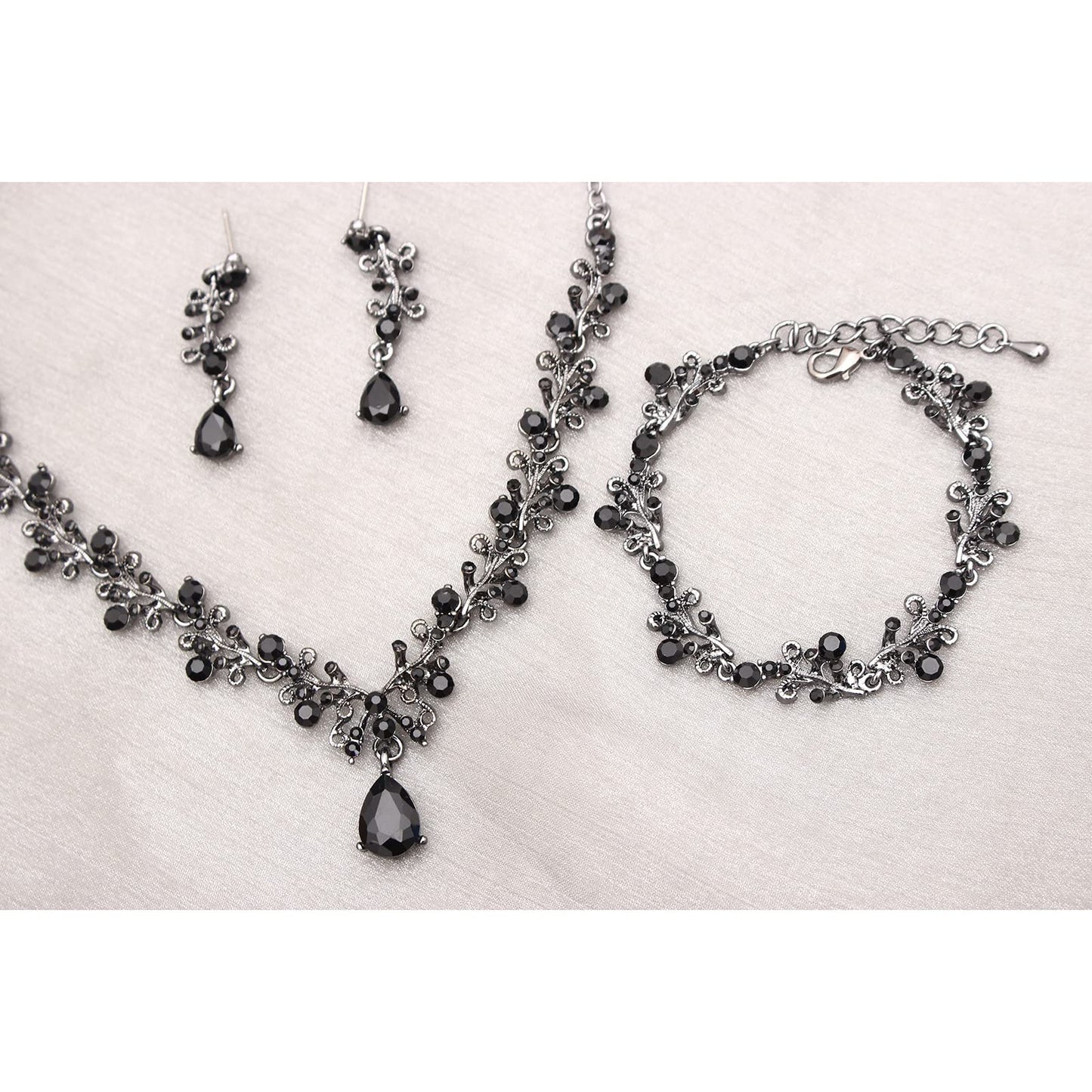 3Pcs Austrian Crystal Jewelry Set for Women, Necklace Dangle Earrings Link Bracelet Jewelry Set with Gold/Platinum/Gun Plated, Wedding Party Jewelry for Bridal Bridesmaid (Black-Gun Black)
