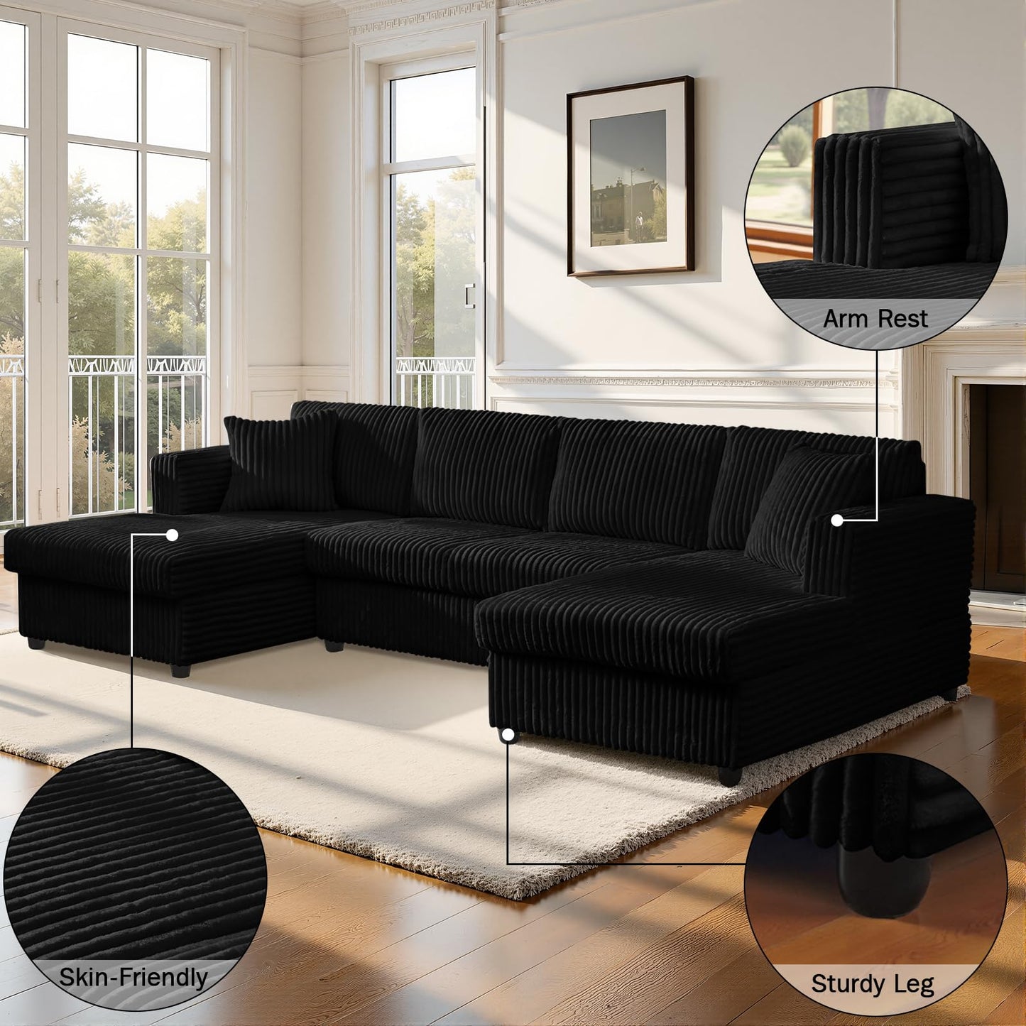 123" U-Shaped Modular sectional Sofa, Two L-Shape Chaise with 2 Cloud Couch sectional with Two Pillows, couches for Living Room (Black)