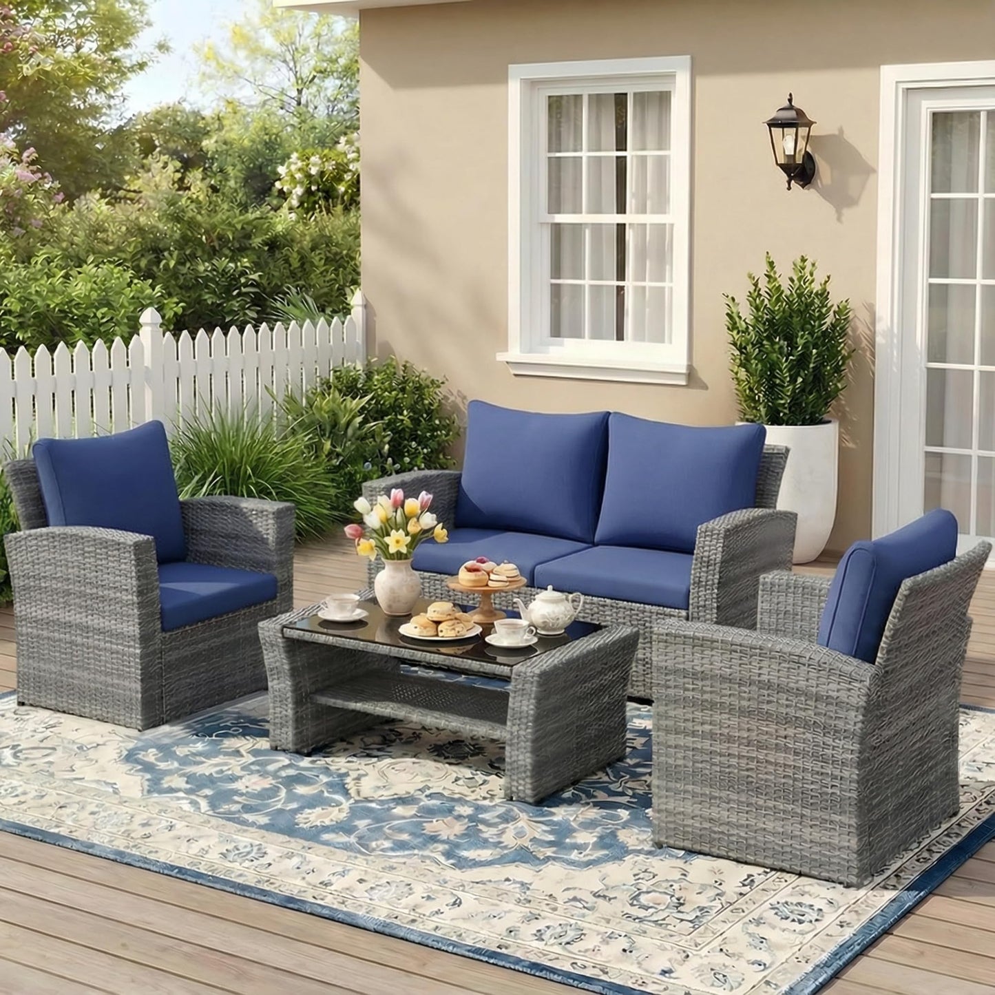 Wisteria Lane Patio Furniture Set, Wicker Outside Outdoor Furniture for All Weather, Patio Sofa with High Backrest Support and Wide Armrest for Backyard, Balcony, Deck, Porch, Navy Blue