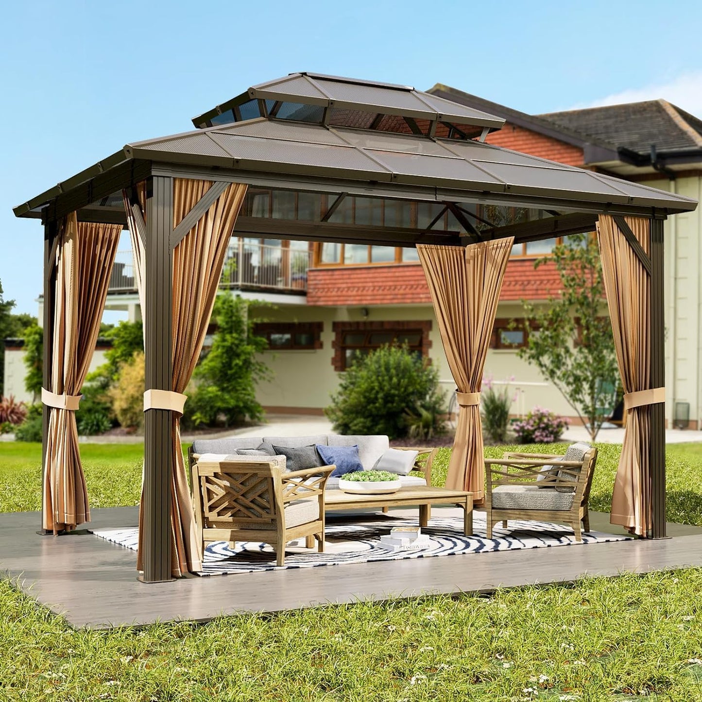 GAOMON 10'x12' Hardtop Gazebo, Outdoor Polycarbonate Double Roof Canopy, Aluminum Frame Permanent Pavilion with Curtains and Netting, Sunshade for Garden, Patio, Lawns