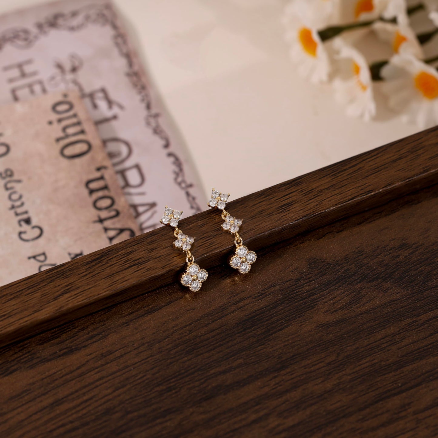 Voduim Dangle Earrings for Women, Dainty Wedding Earrings 14k Gold Plated Clover Drop Earrings for Women Trendy Cute Gold Earrings Long Dangling Rhinestone Earrings Unique Prom Jewelry for Women