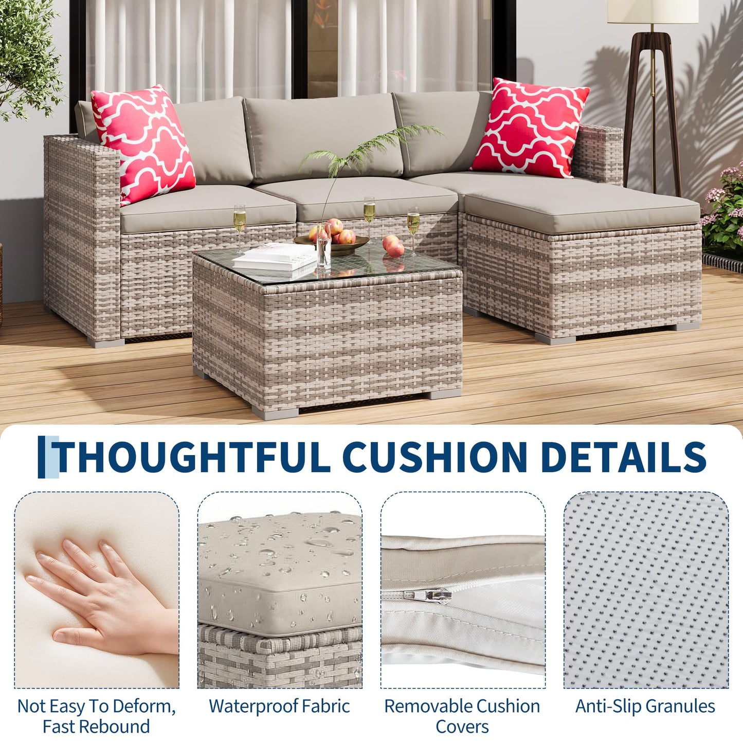 MilleLoom 5-Piece Outdoor Sectional Sofa Set, All-Weather PE Rattan Patio Furniture with Ottoman & Tempered Glass Table, Convertible Garden Couch for Backyard, Porch, Poolside (Gray)