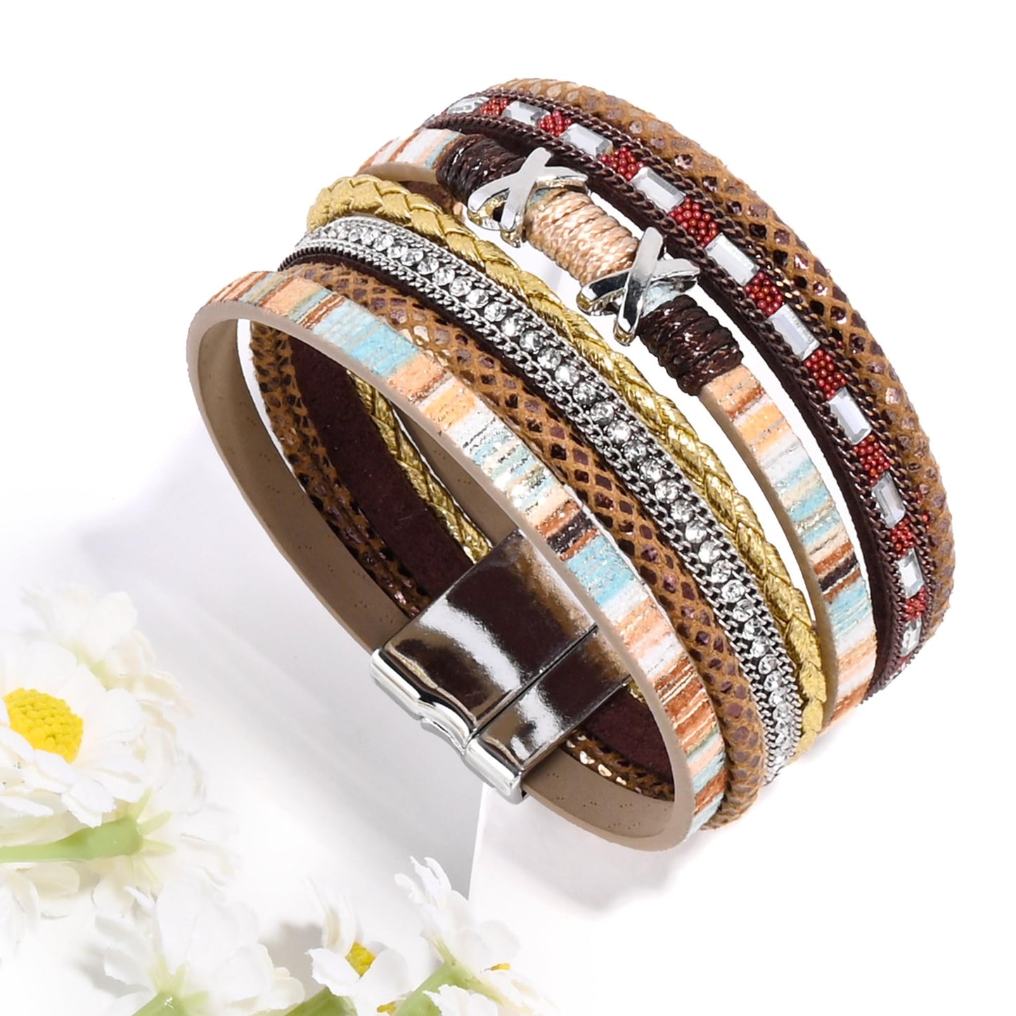 VIBILIA Boho Leather Wrap Bracelets for Women Trendy Layered Multi-Layer Boho Bracelets with Strong Clasp Jewelry for Women-Brown