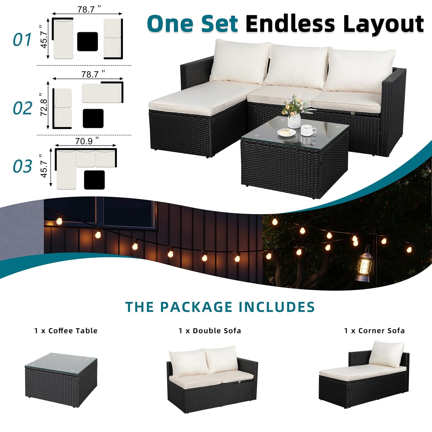 SUNLEI Patio Furniture Set with Detachable Soft Cushions, Outdoor PE Rattan Patio Conversation Sofa Set, 3-Piece Patio Sectional Sofa with Glass Coffee Table, Black Rattan/White