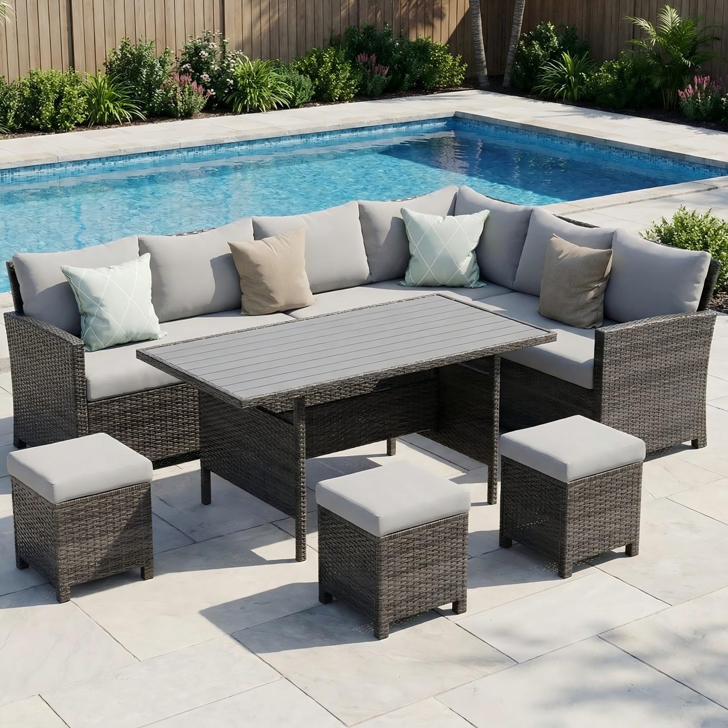 Wisteria Lane 7 Piece Patio Furniture Set, High Curved Back Wicker Patio Sectional, All Weather Outdoor Dining Set, Outdoor Furniture Patio Conversation Set with Ottoman, Ash Gray