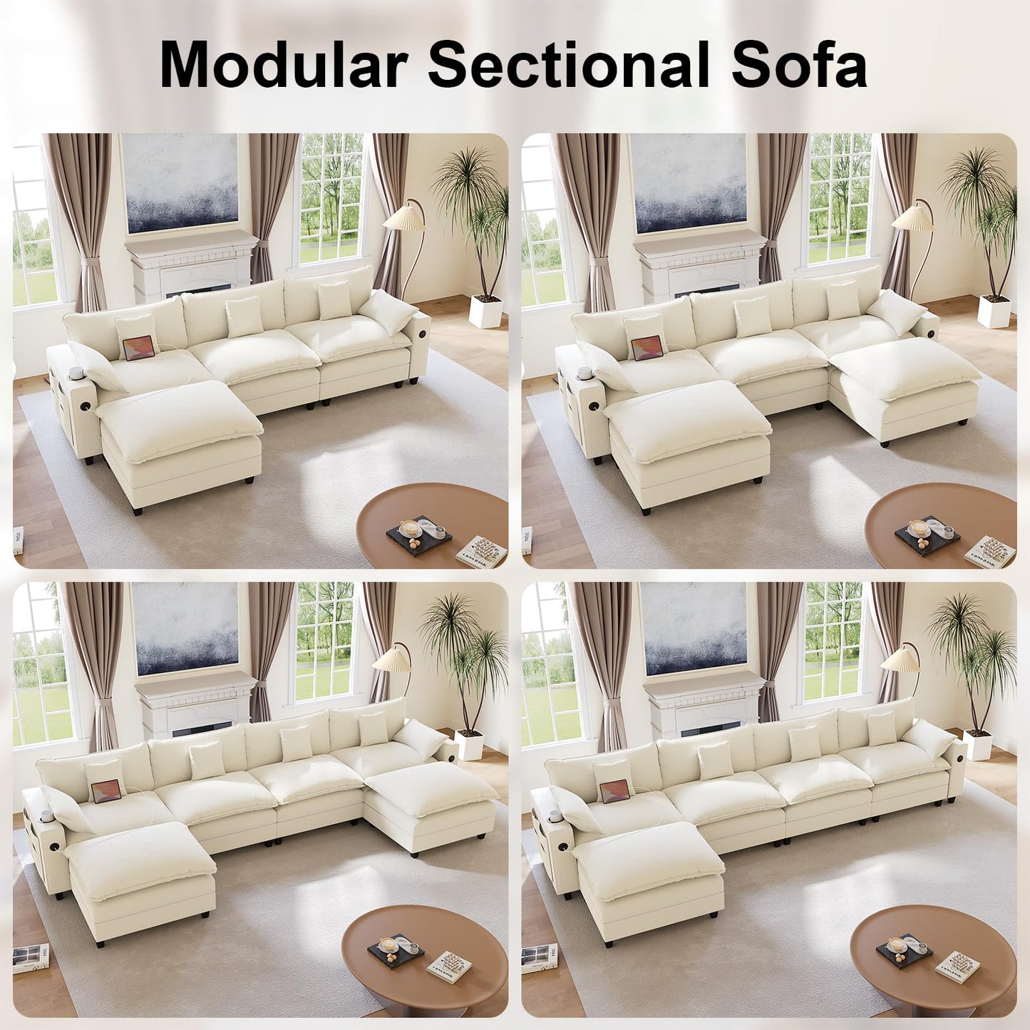 KCGKCG 116" Modular Sectional Sofa, U Shaped Cloud Couch with Movable Ottoman, Chenille Deep Seat Cloud Sofa with Charging Station, Cup Holder, Side Pocket, Sectional Couches for Living Room, Beige