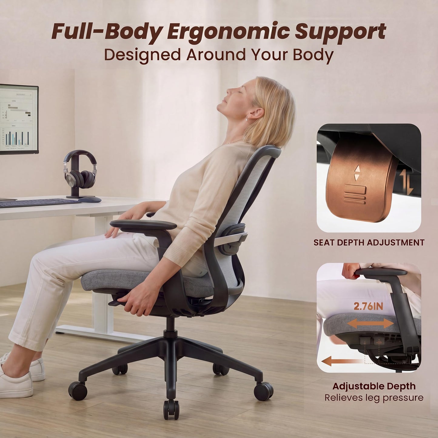 COLAMY Office Chair for Long Hours, Easy Wire-Control Desk Chair with Sliding Seat Depth & Thick Padded Lumbar Support, Heavy Duty 300 LBS High Back Mesh Computer Chair for Home Workstation,Grey
