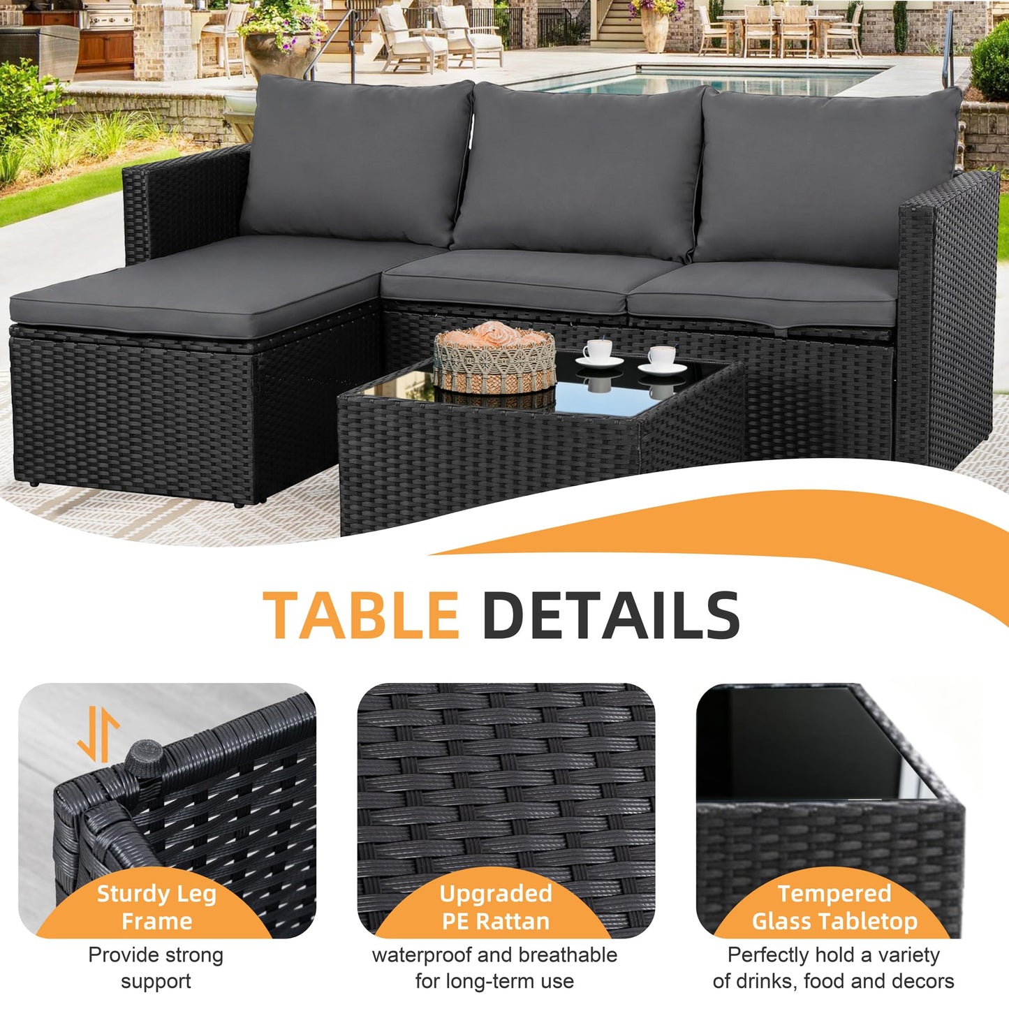 Shintenchi 4 Pieces Patio Furniture Sets, Outdoor Sofa Patio Sectional Sets All Weather, 2-in-1 Wicker Rattan Seating Sofa Couch with Cushions & Coffee Table for Yard, Garden, Porch, Poolside (Gray)