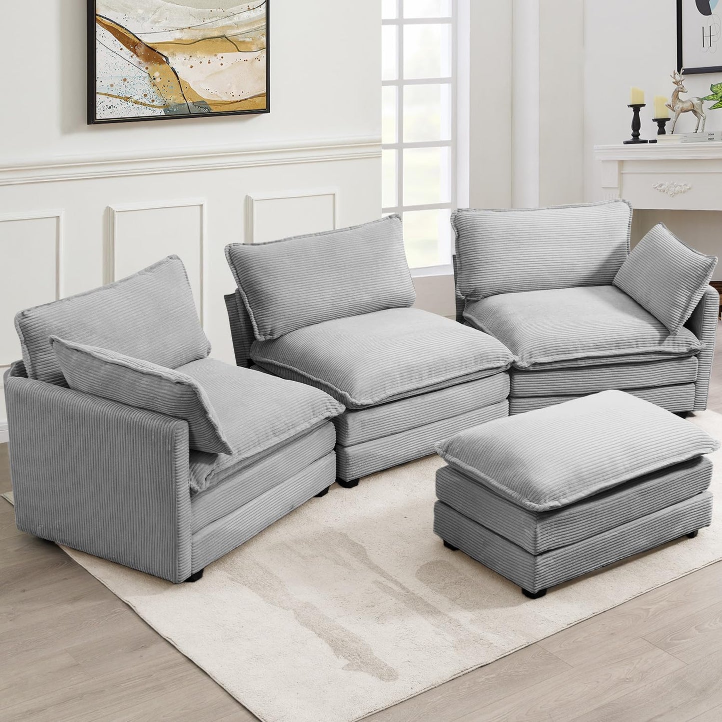 ROWHY Oversized Modular Sectional Sofa with Movable Ottoman, 112 Inch 4 Seat Modern Corduroy Sofa Set, Convertible L Shaped Couch for Living Room and Office, Light Grey