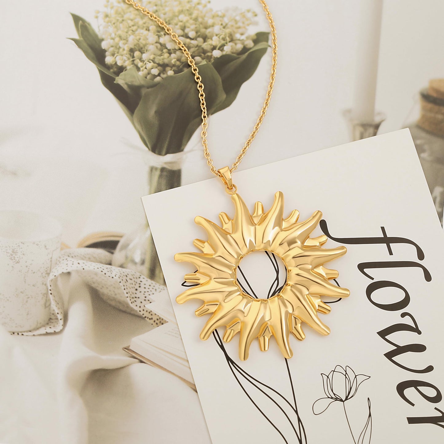 Dainty Sunflower Pendant Long Necklace for Women Trendy Radiant Charm Sweater Necklace Simple Gold Chain Nature Inspired Necklaces