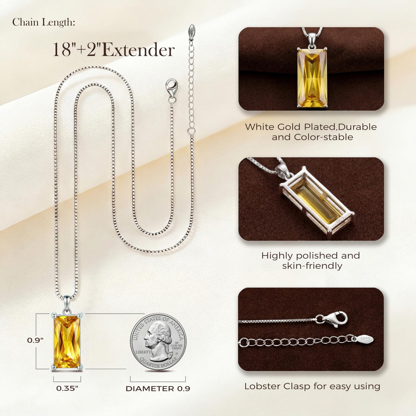 Kuschelkatze 8mm x 16mm Square November Birthstone Citrine Pendant Necklace – Fashion charming Sterling Silver Gift for women