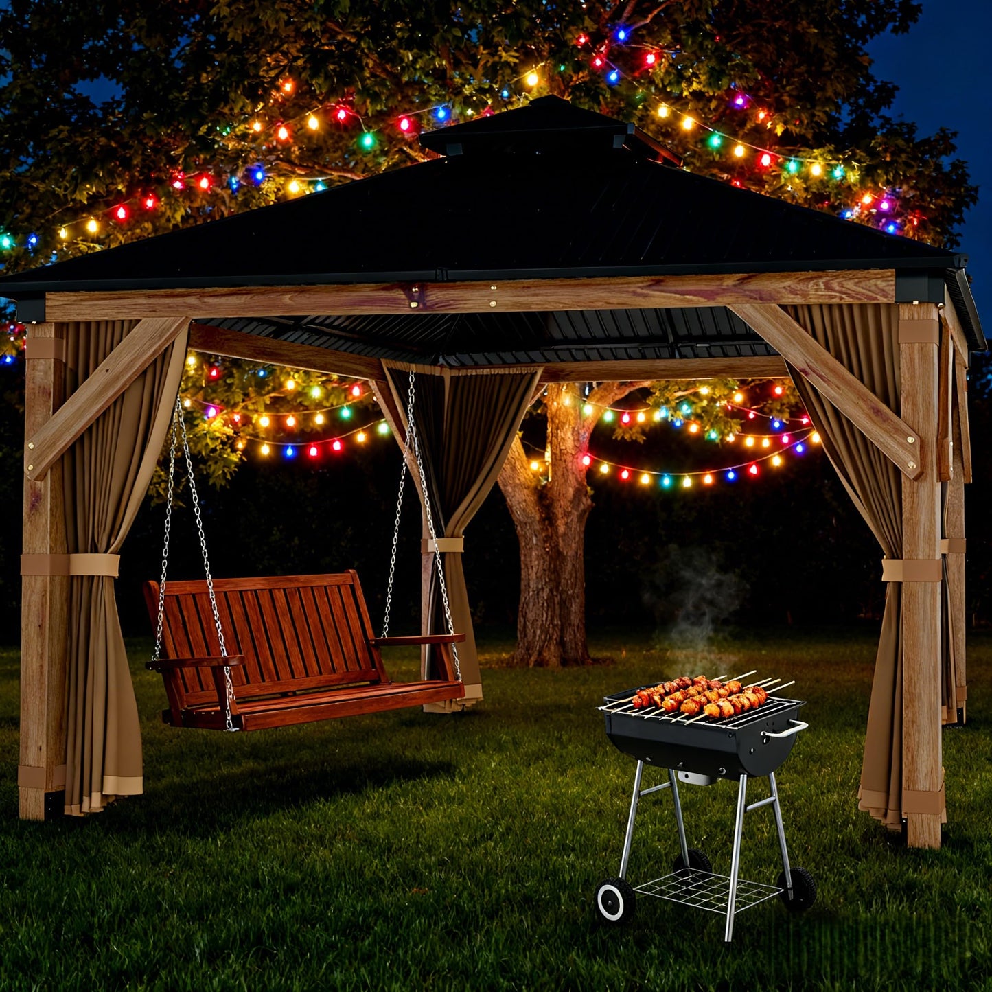 10x12 FT Hardtop Wooden Gazebo with Galvanized Steel Double Roof, Aluminum Frame, Mosquito Netting & Curtains – Durable Outdoor Pavilion for Patio, Backyard, Deck & Lawn