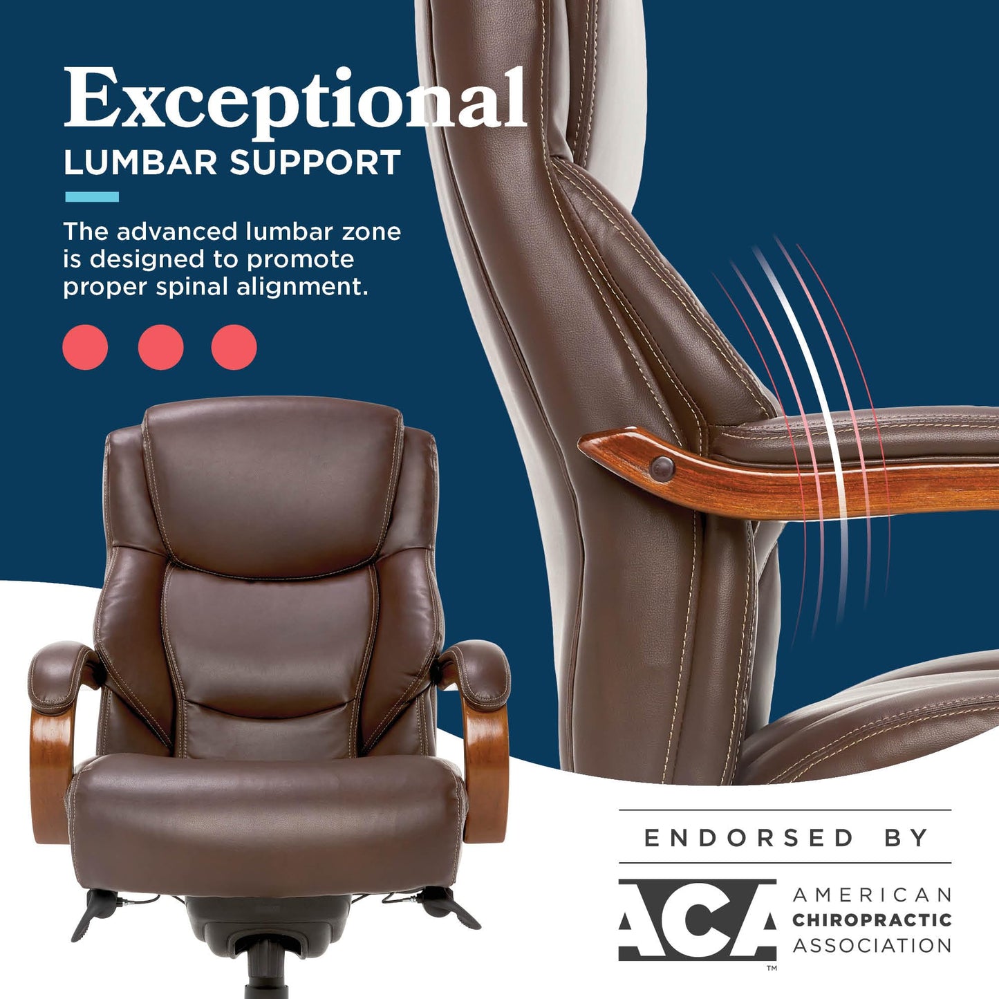 La-Z-Boy Delano Big and Tall Executive Office Chair - Ergonomic Lumbar Support Memory Foam - Bonded Leather Desk Chair for Home Office - Mahogany Wood Arms - Chestnut Brown