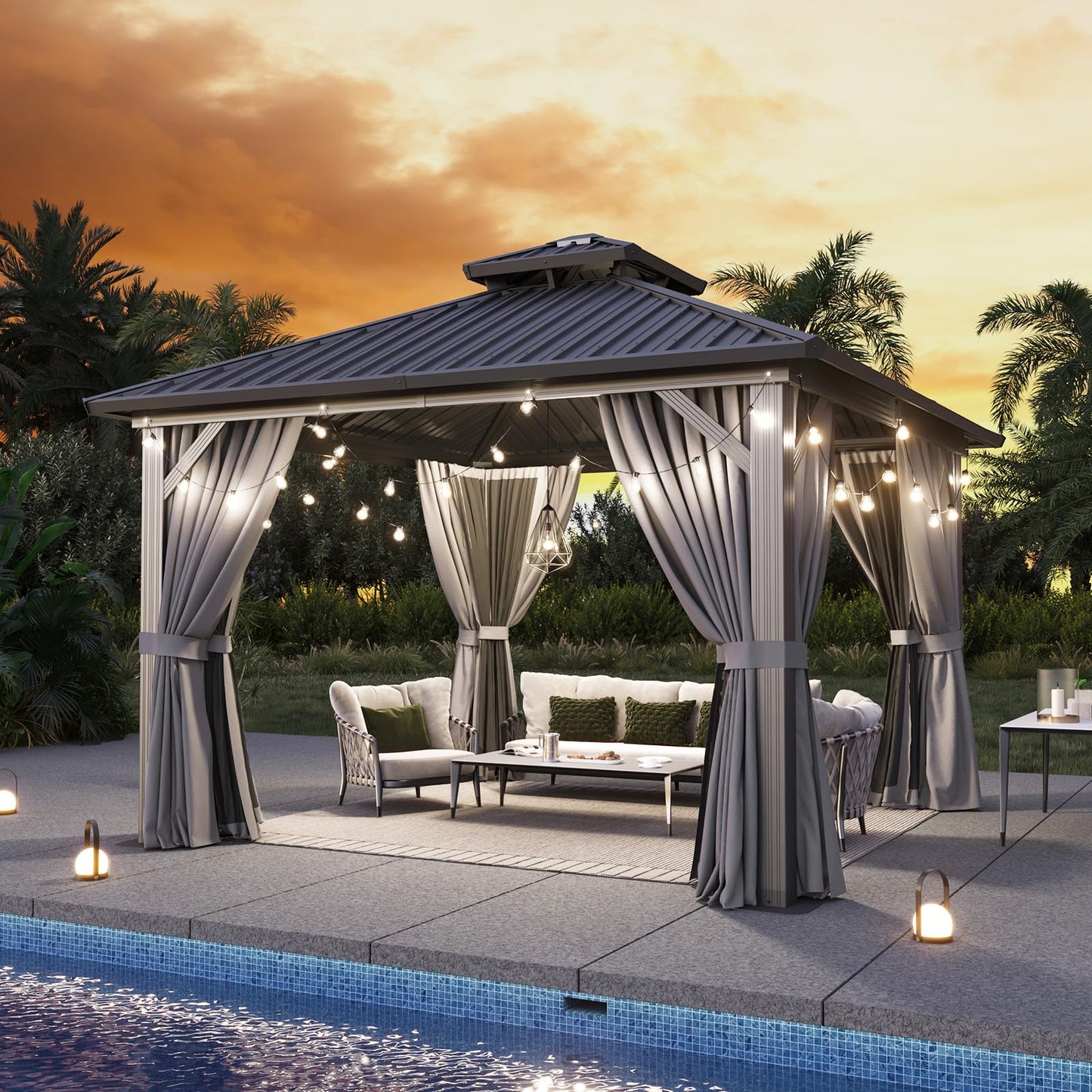 Aoxun 12'x12' Hardtop Gazebo, Metal Frame Canopy with Double Galvanized Steel Roof, Outdoor Metal Pavilion with Netting, Curtains for Backyard, Patio and Deck