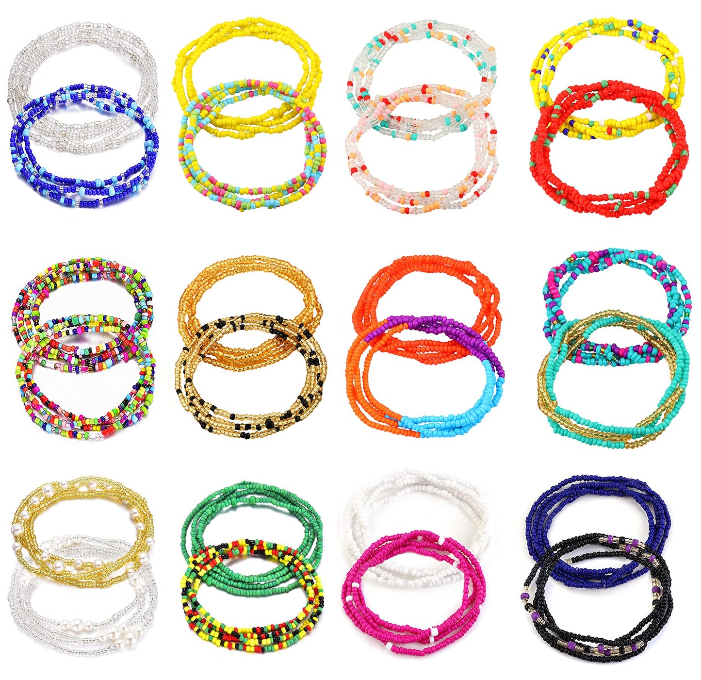 TOBENY 24PCS Waist Beads for Women African Belly Beads for the waist Colorful Summer Body Beads Jewelry Stretchy Elastic African Waist Beads 31.5-35.5 Inch Beaded Waist Chain