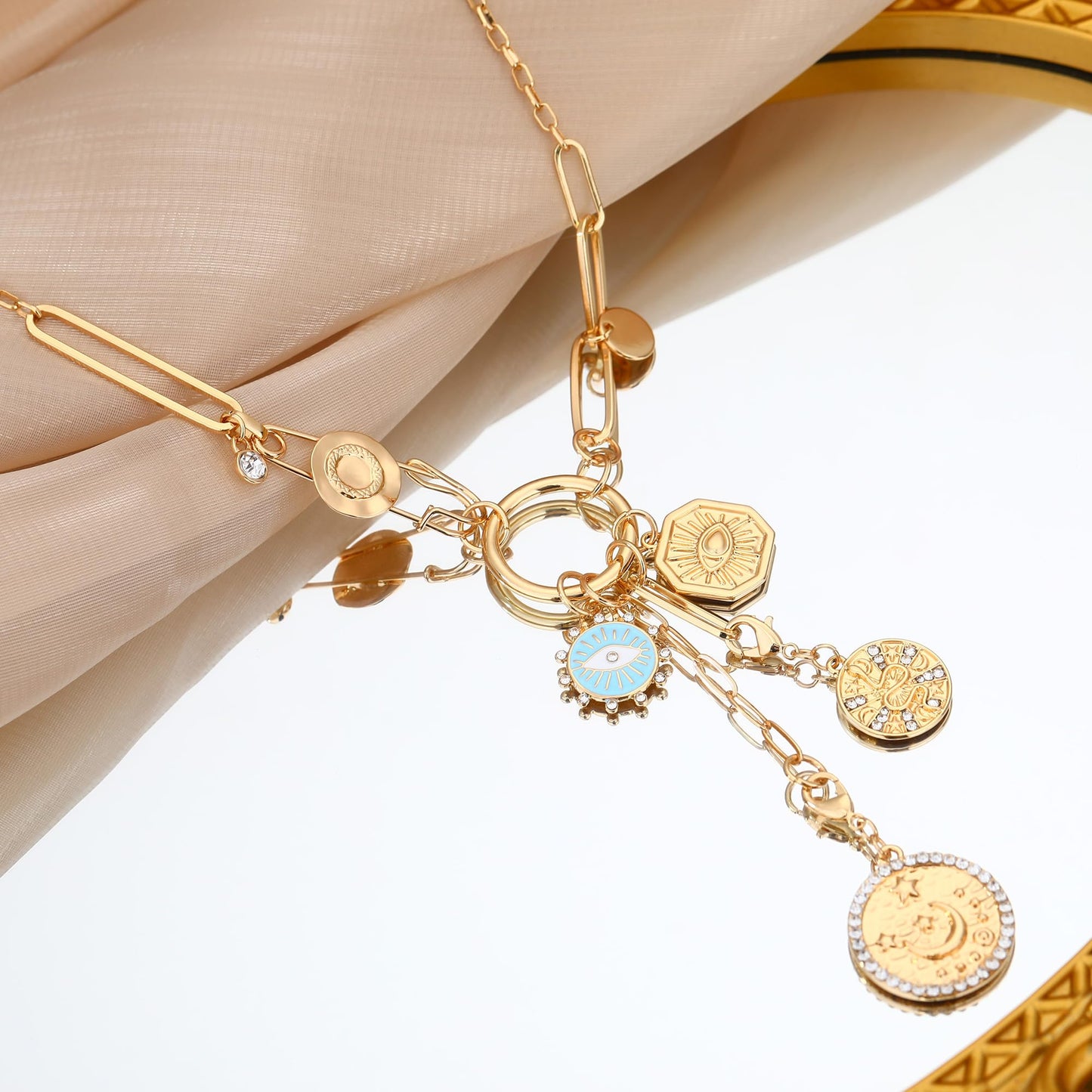 BONJOULRY Charm Necklace for Women Gold Safety Pin Necklace Evil Eye Moon Star Coin Celestial Charms Dainty Paperclip Chain DIY Tarot Card Pendant Y Choker Necklace Amulet Jewelry Gifts Snake