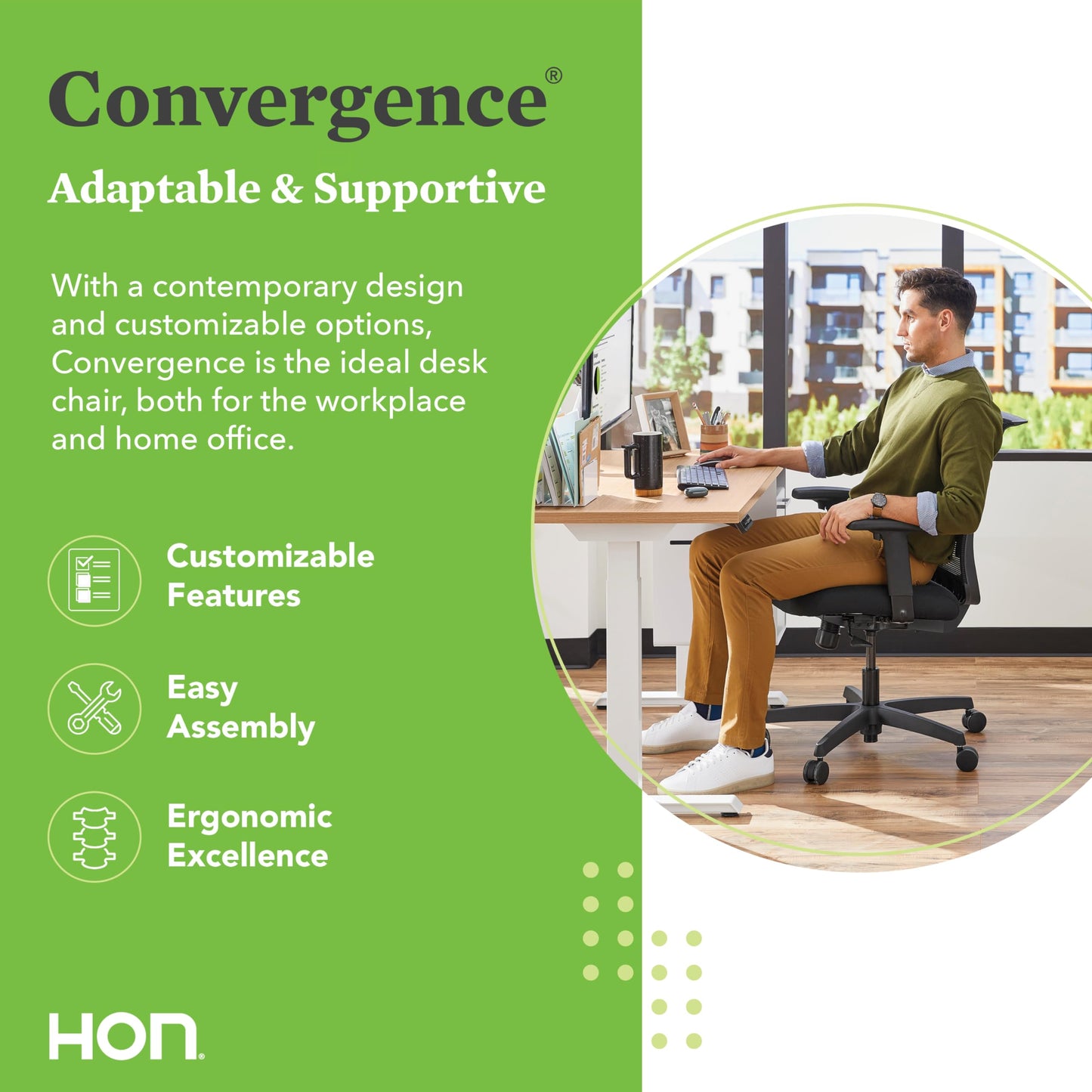 HON Convergence Ergonomic Office Chair with Mesh Back, Adjustable Arms, Lumbar Support, Synchro‑Tilt Desk Chair with Wheels for Home Office or Computer Use, Black Frame, Black