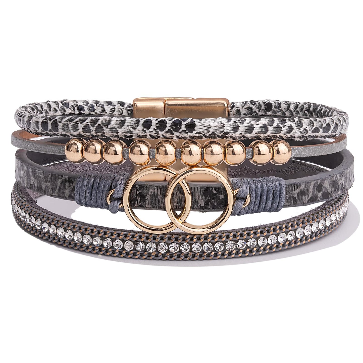 FANCY SHINY Boho Leather Wrap Bracelet Stackable Beaded Infinity Chunky Cuff Bracelets with Magnetic Clasp Western Hippie Outfits Jewelry Gifts for Women(Snakeskin Grey)