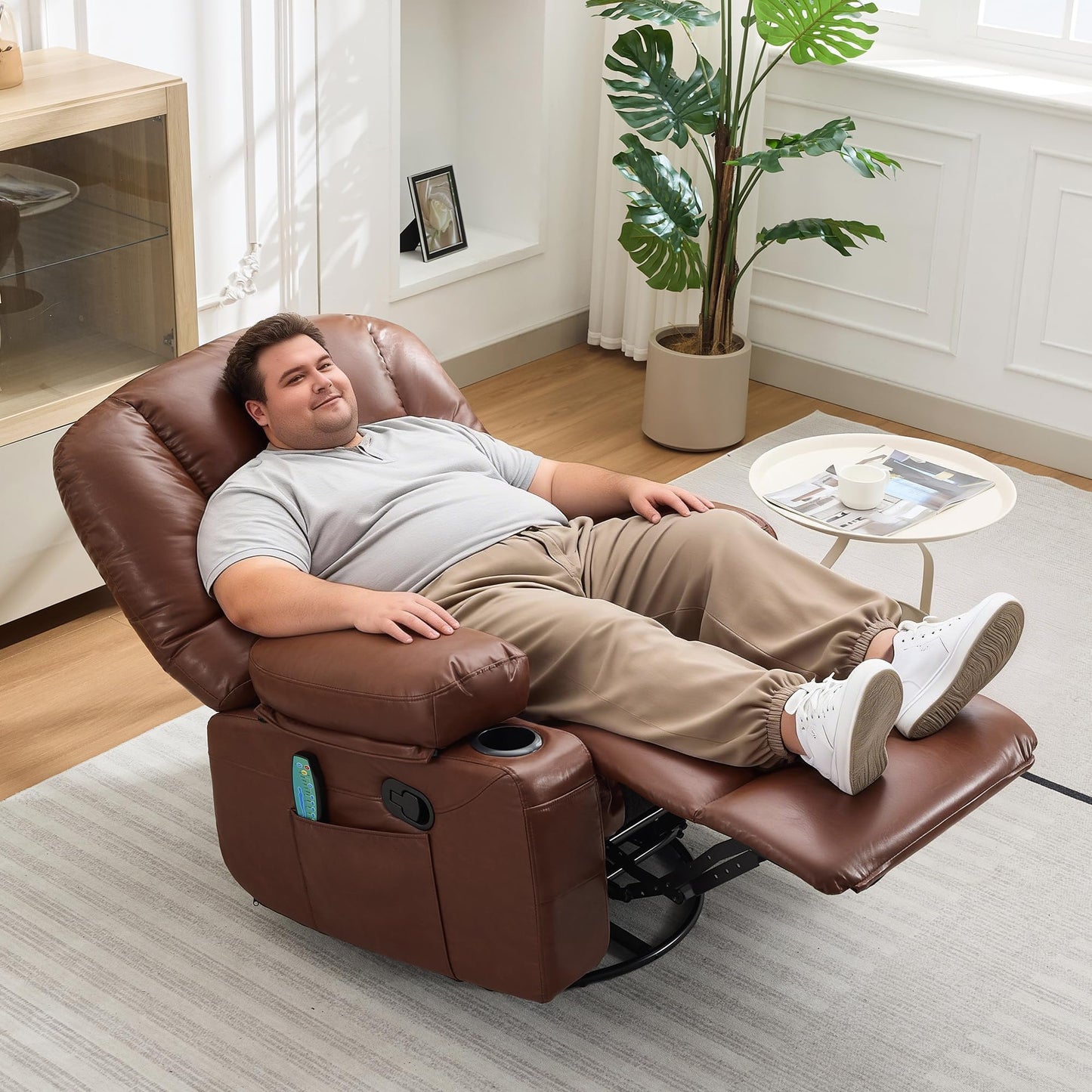 Oversized Wide Recliner Chair-Heat and Vibration Massage, PU Leather Manual Recliner for Adults, 360° Swivel Rocker Chair with Cup Holders & Side Pocket,Lazy Boy Chair for Living Room, Bedroom,Brown
